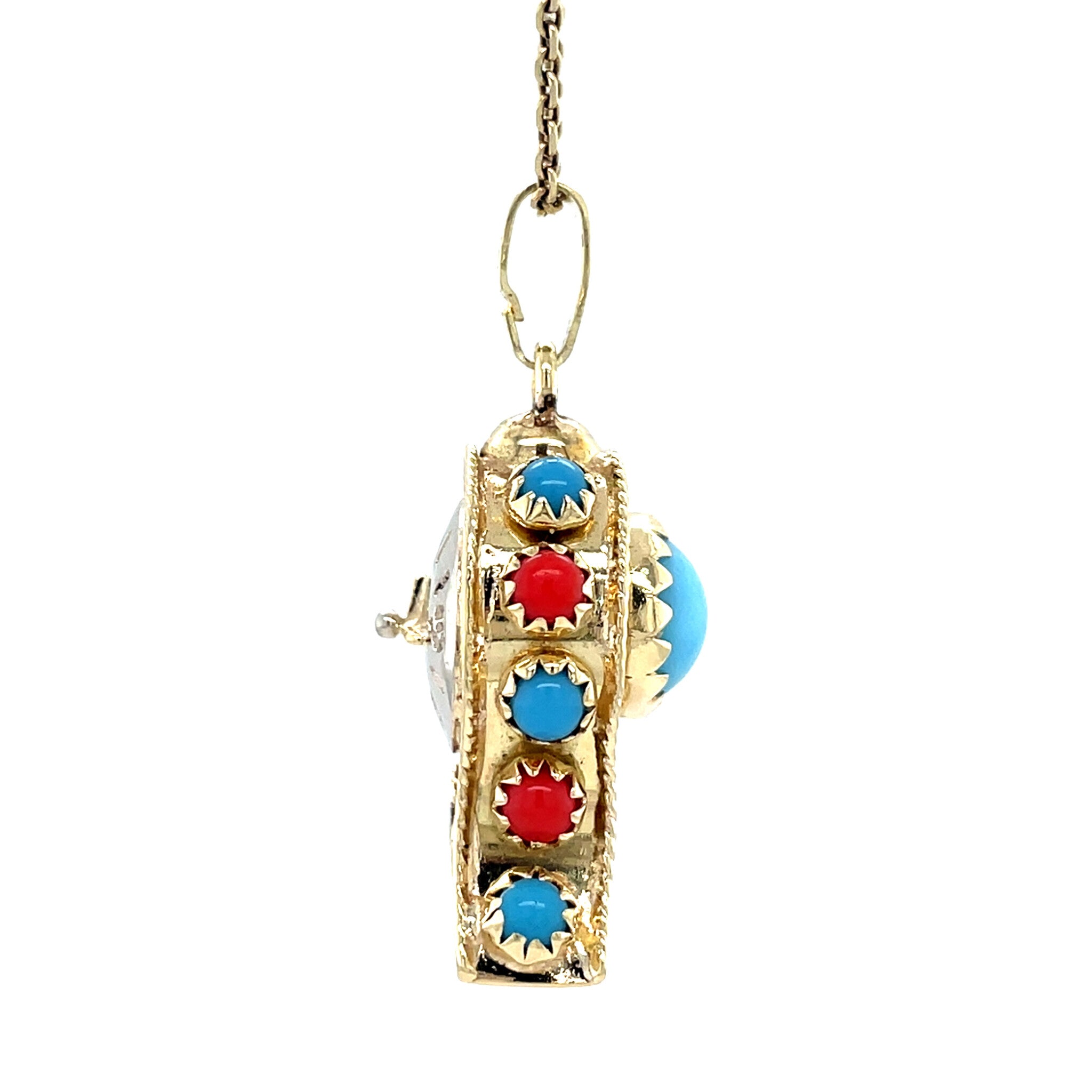 Gouden vintage klok hanger met kleursteen 14 krt