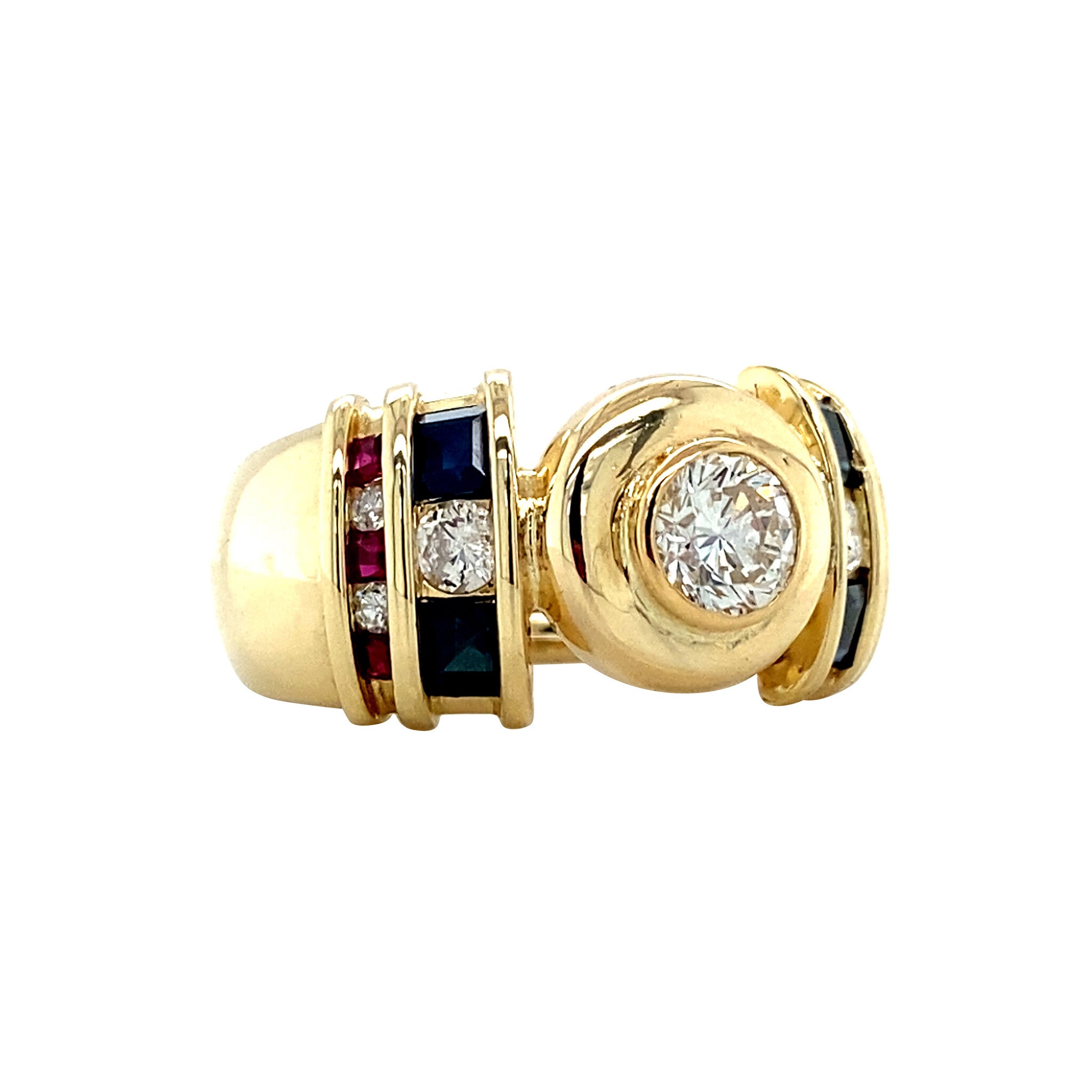 Gold vintage ring with sapphire, ruby and diamond 14 kt