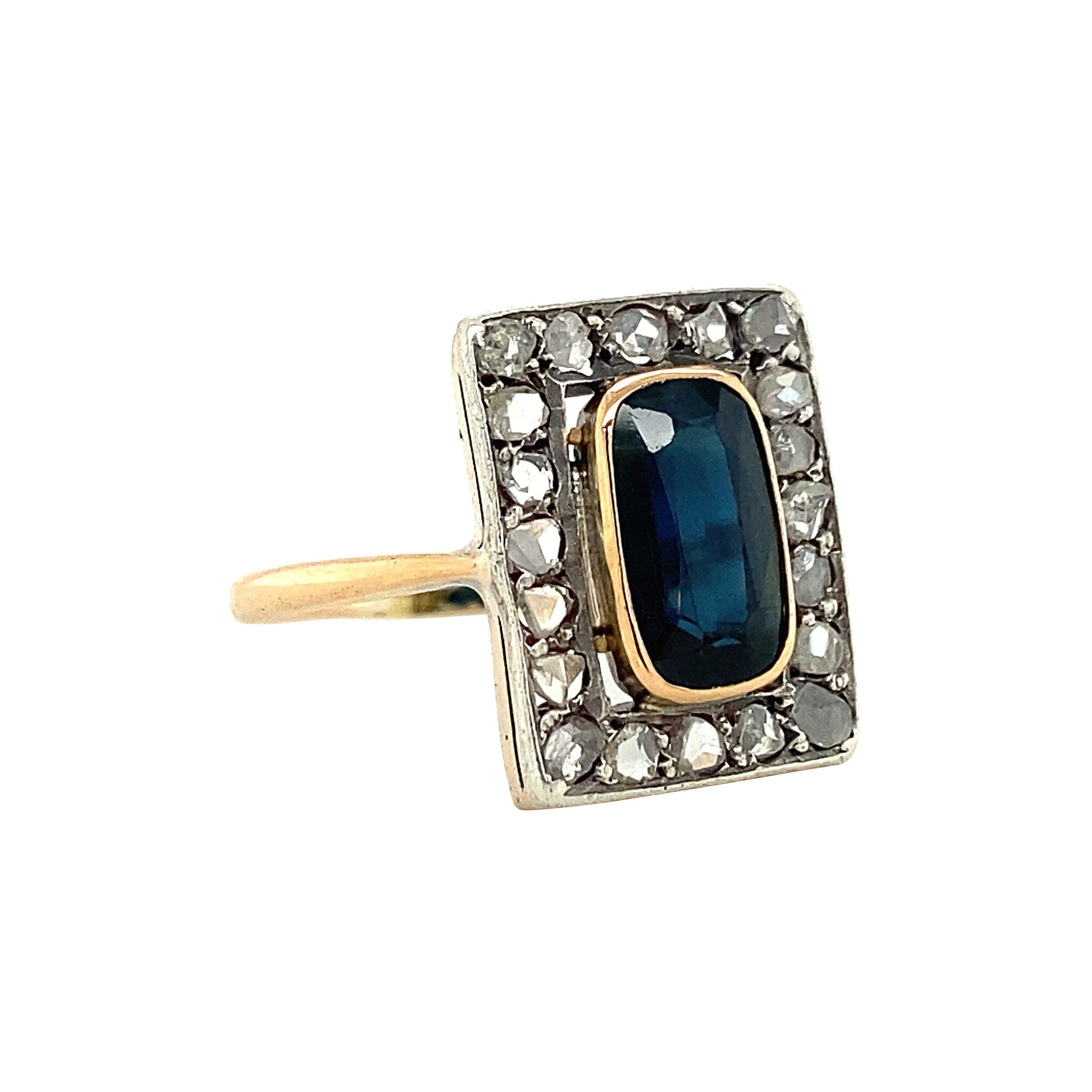 Gouden ring met saffier en roosdiamant 14 krt