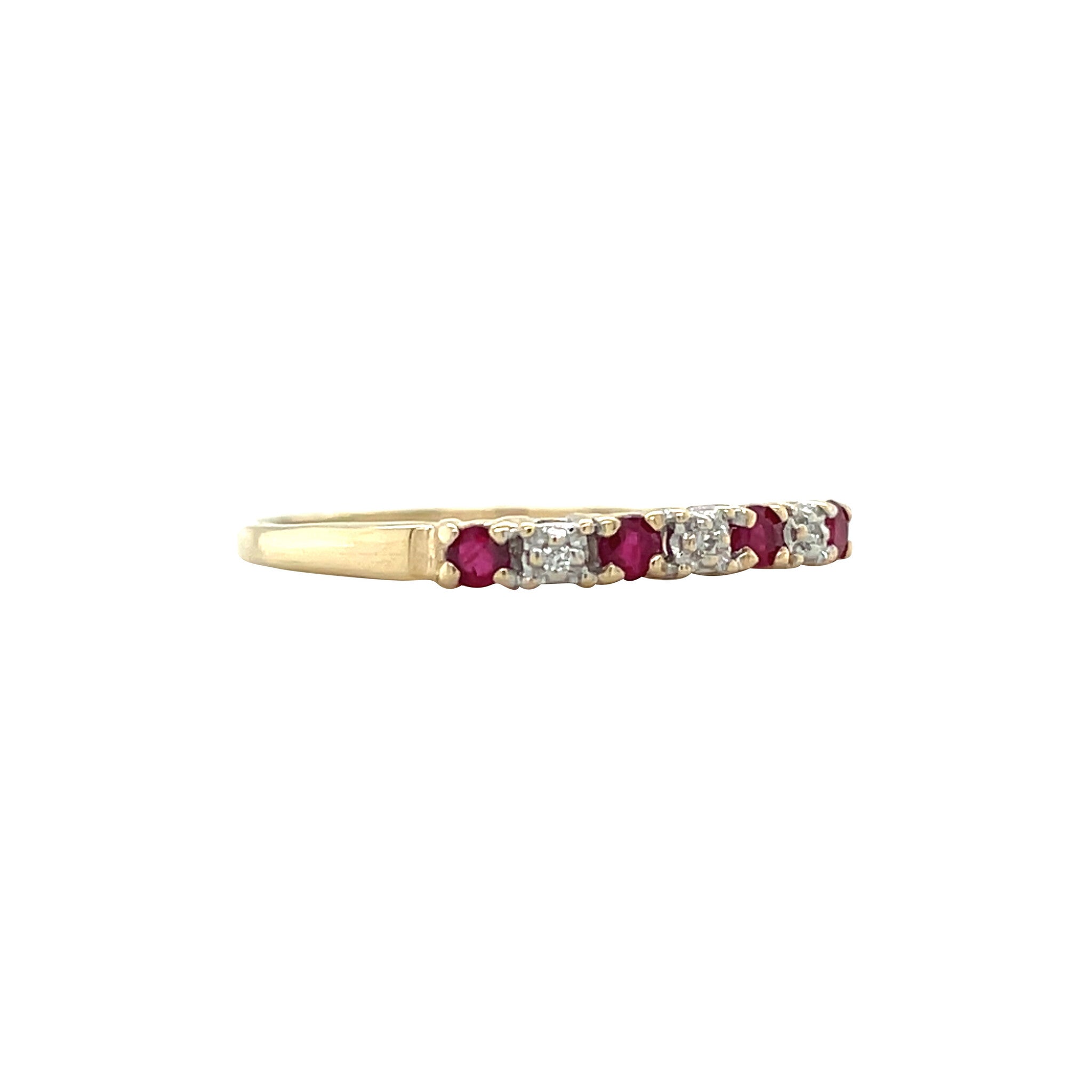Gold vintage row ring with ruby and diamond 14 kt