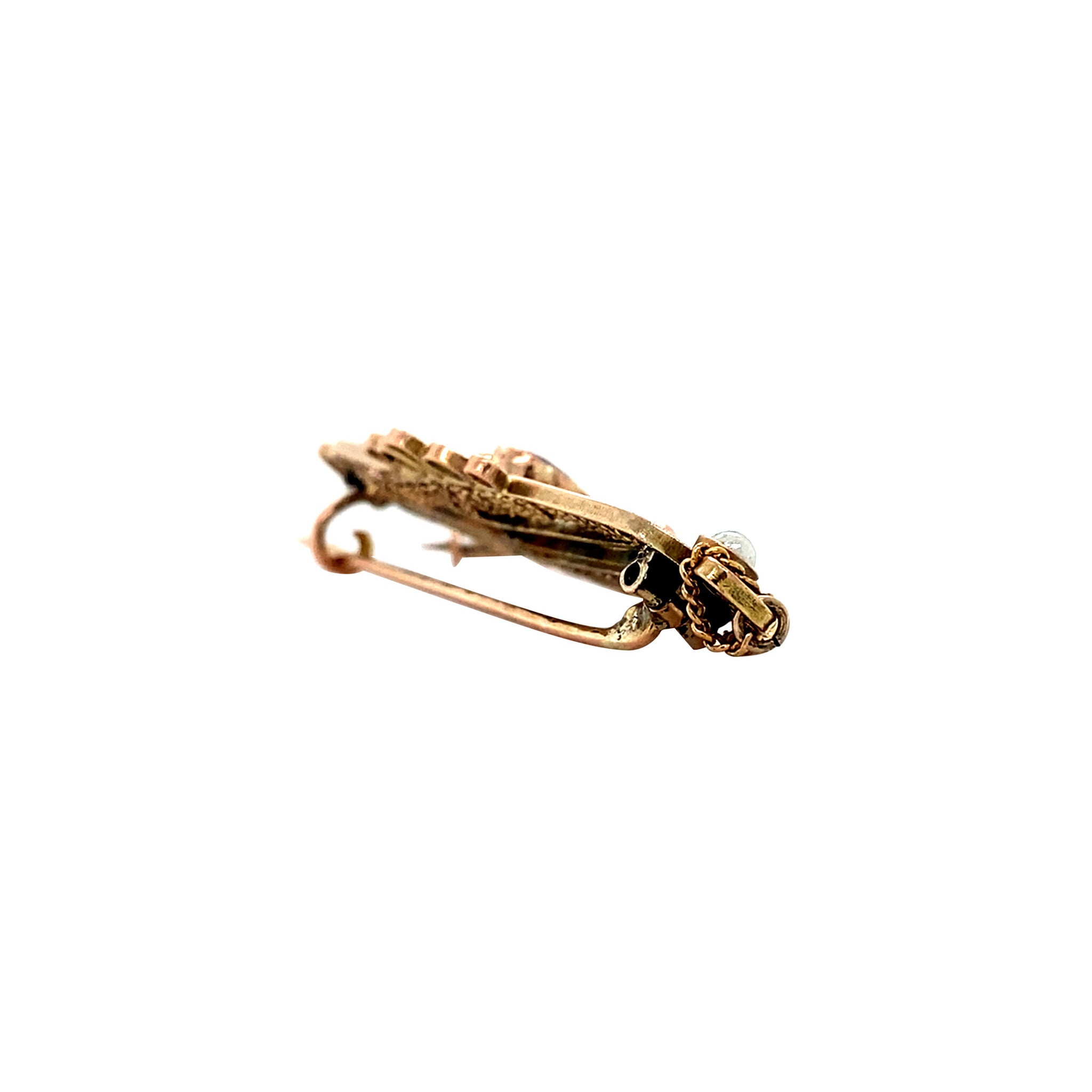 Gouden vintage broche met kleursteen en parel 14 krt
