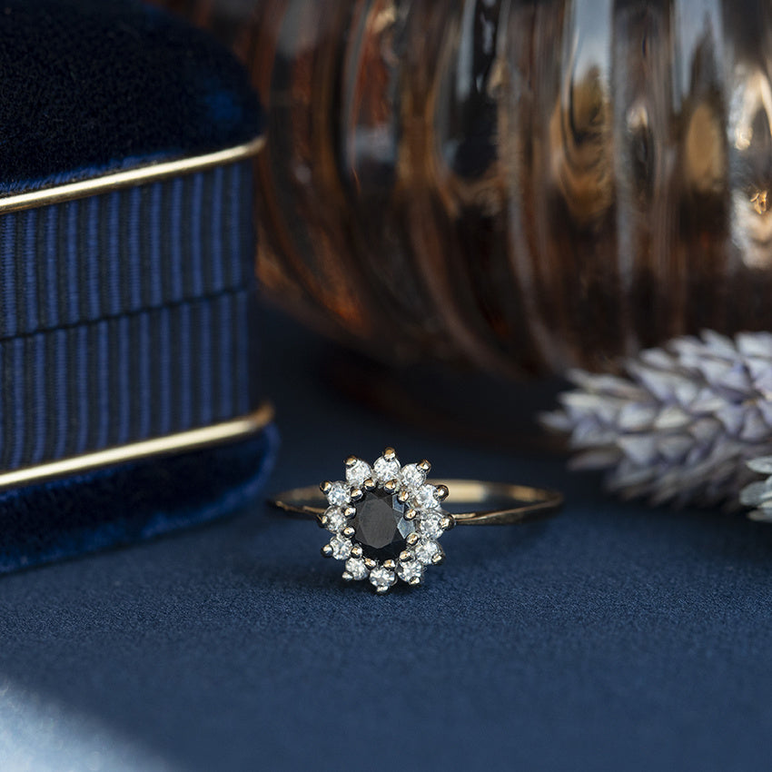 Vintage gold cluster ring with sapphire and moissanite, 14 kt
