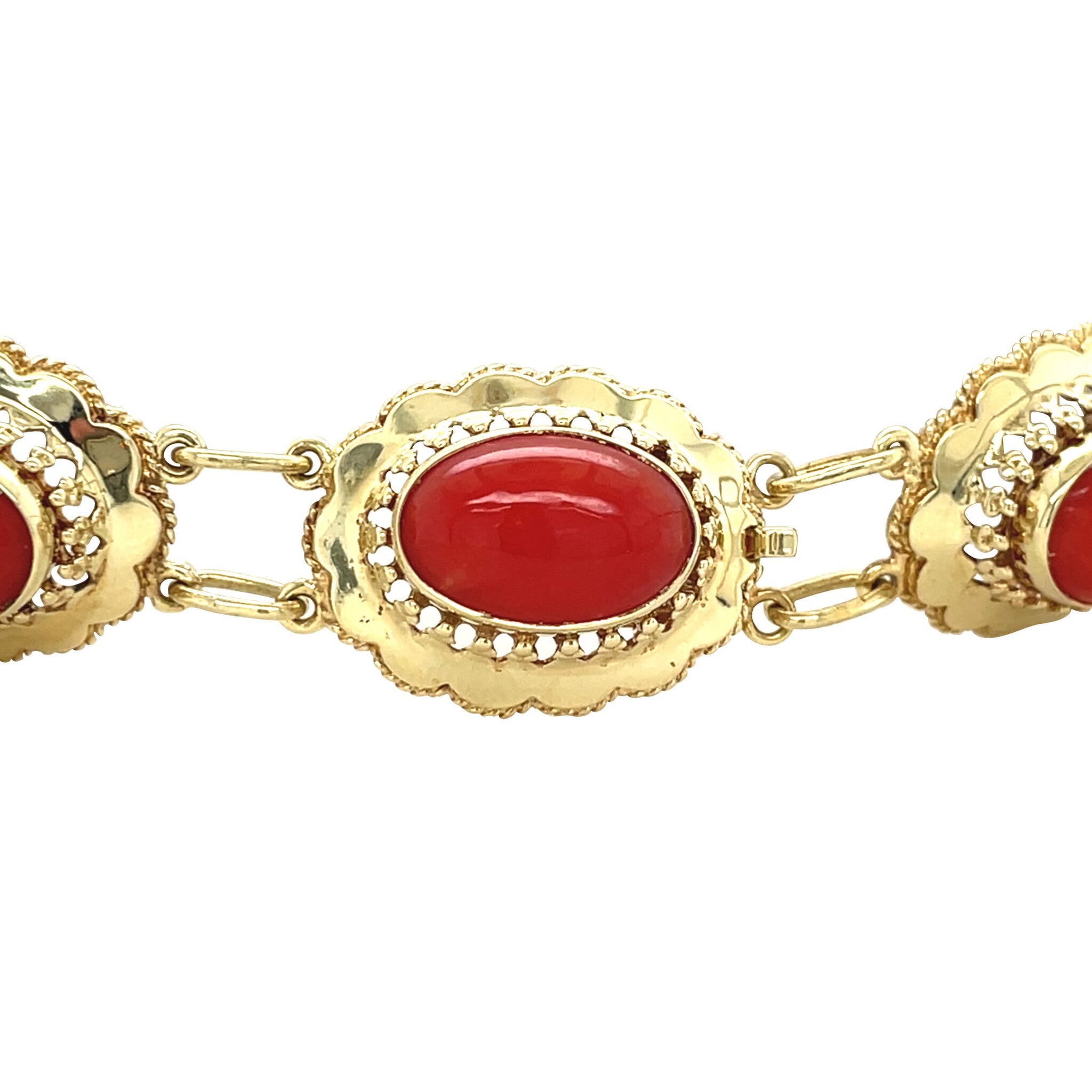 Gouden vintage bootjes armband met bloedkoraal 14 kt