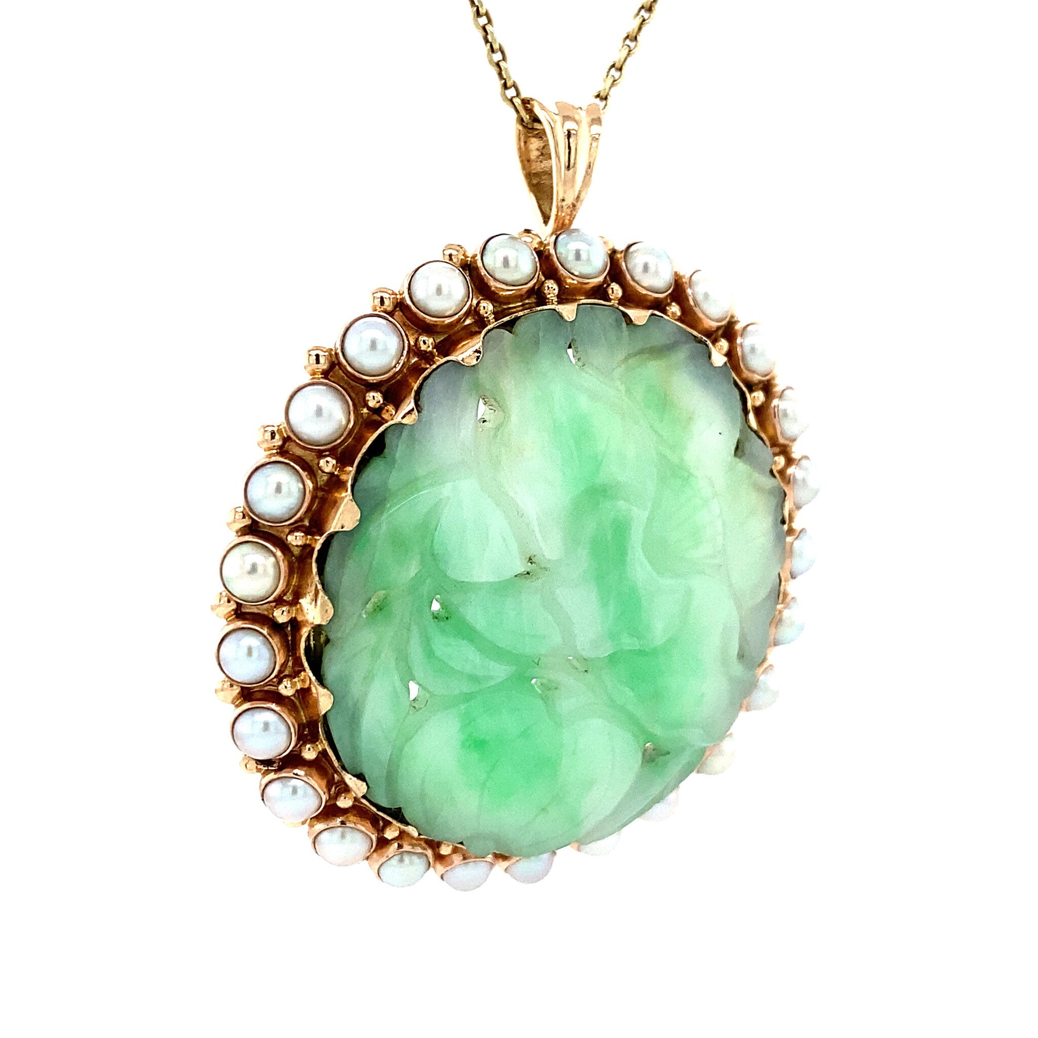 Gold pendant/brooch with jade and pearl 14 krt