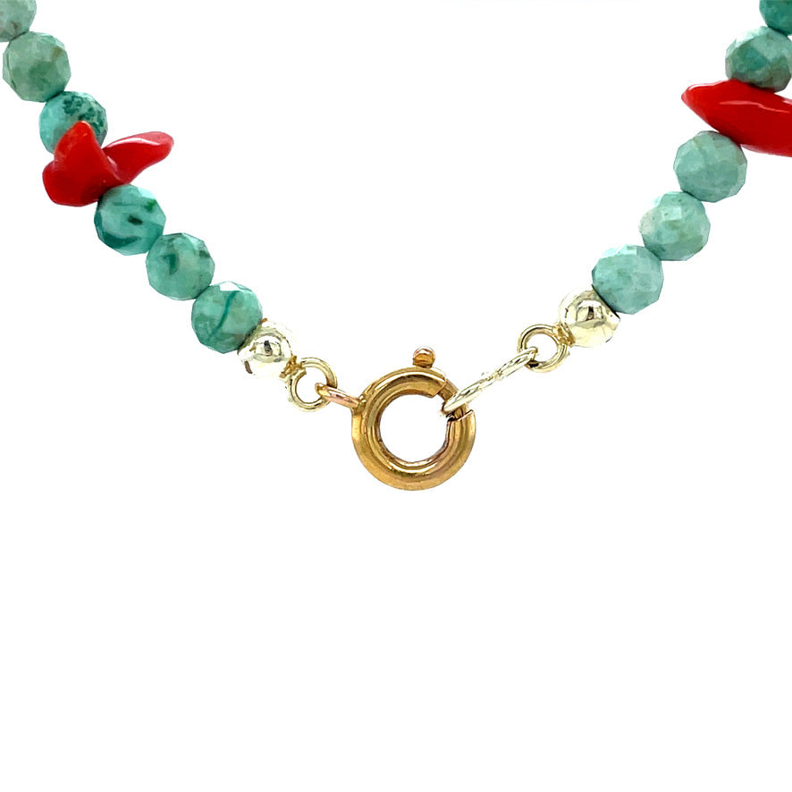 Turquoise necklace with red coral and 14 kt gold clasp