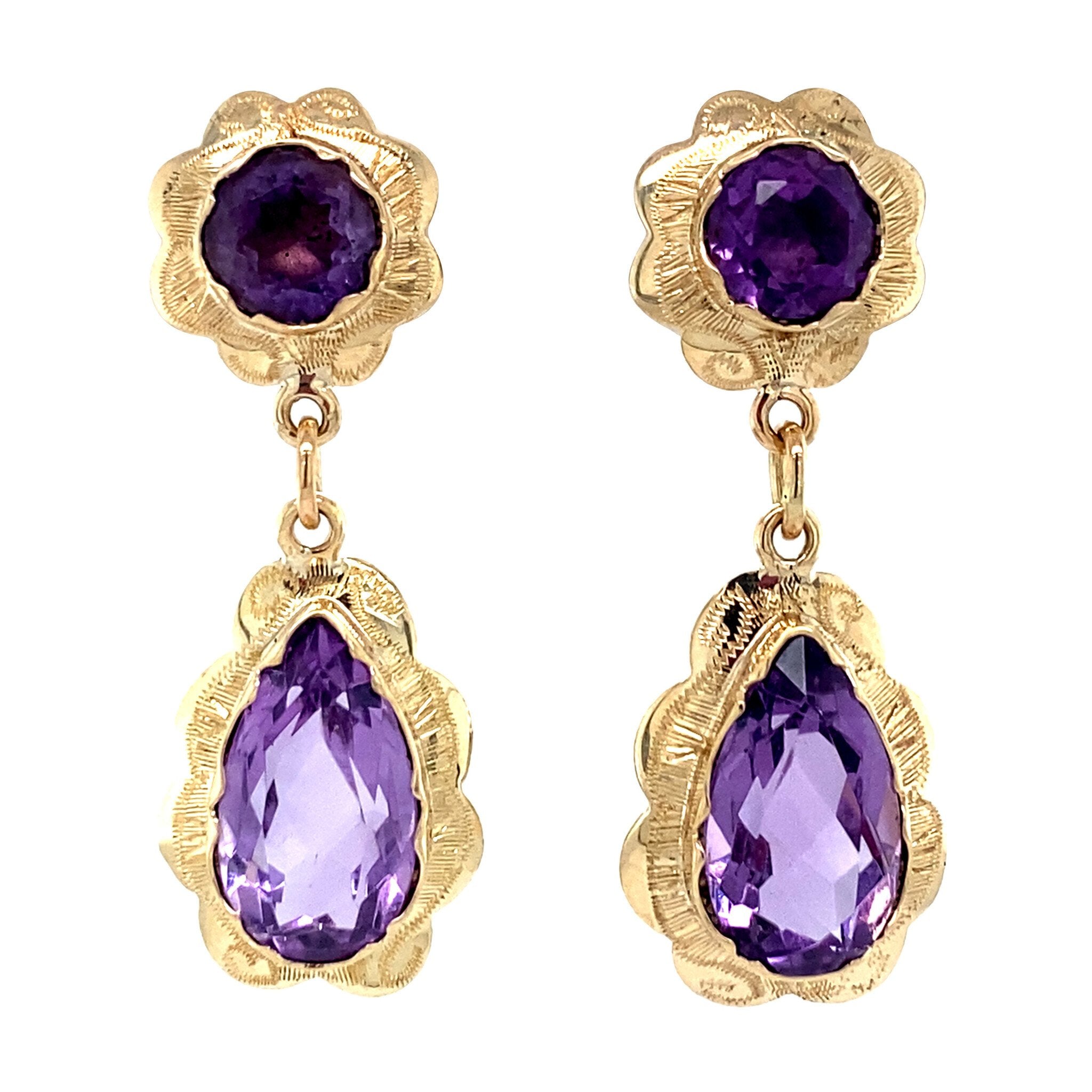 Vintage 14 kt gold dangle earrings with amethyst