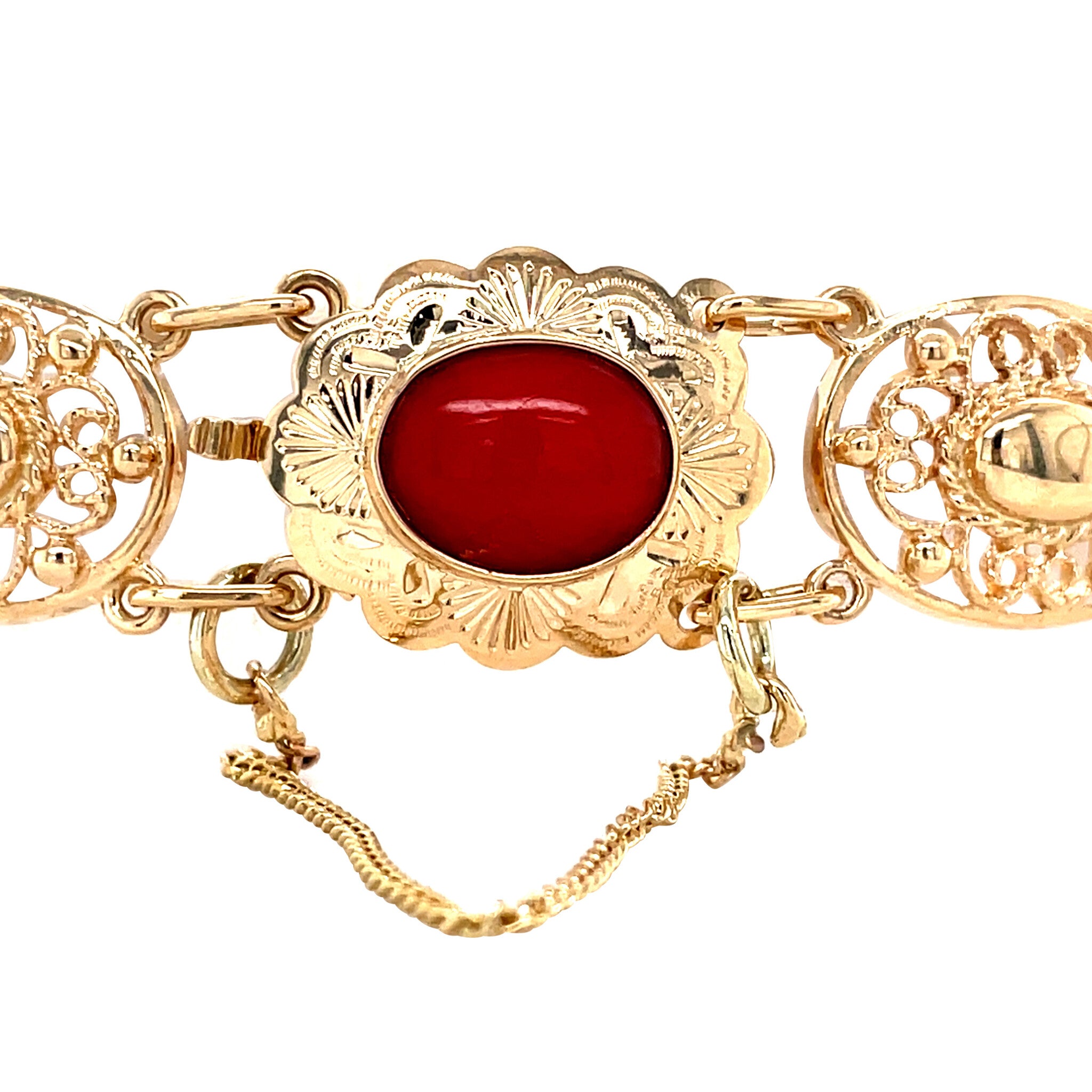 Gouden vintage bootjes armband met bloedkoraal 14 krt