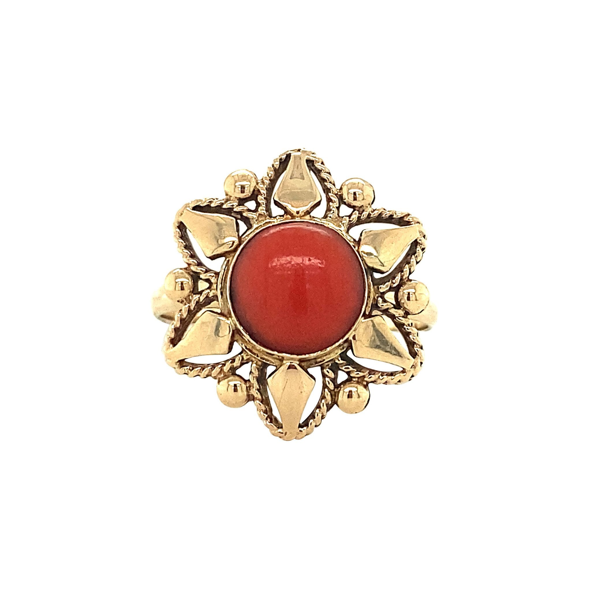 14 kt gold ring with blood coral