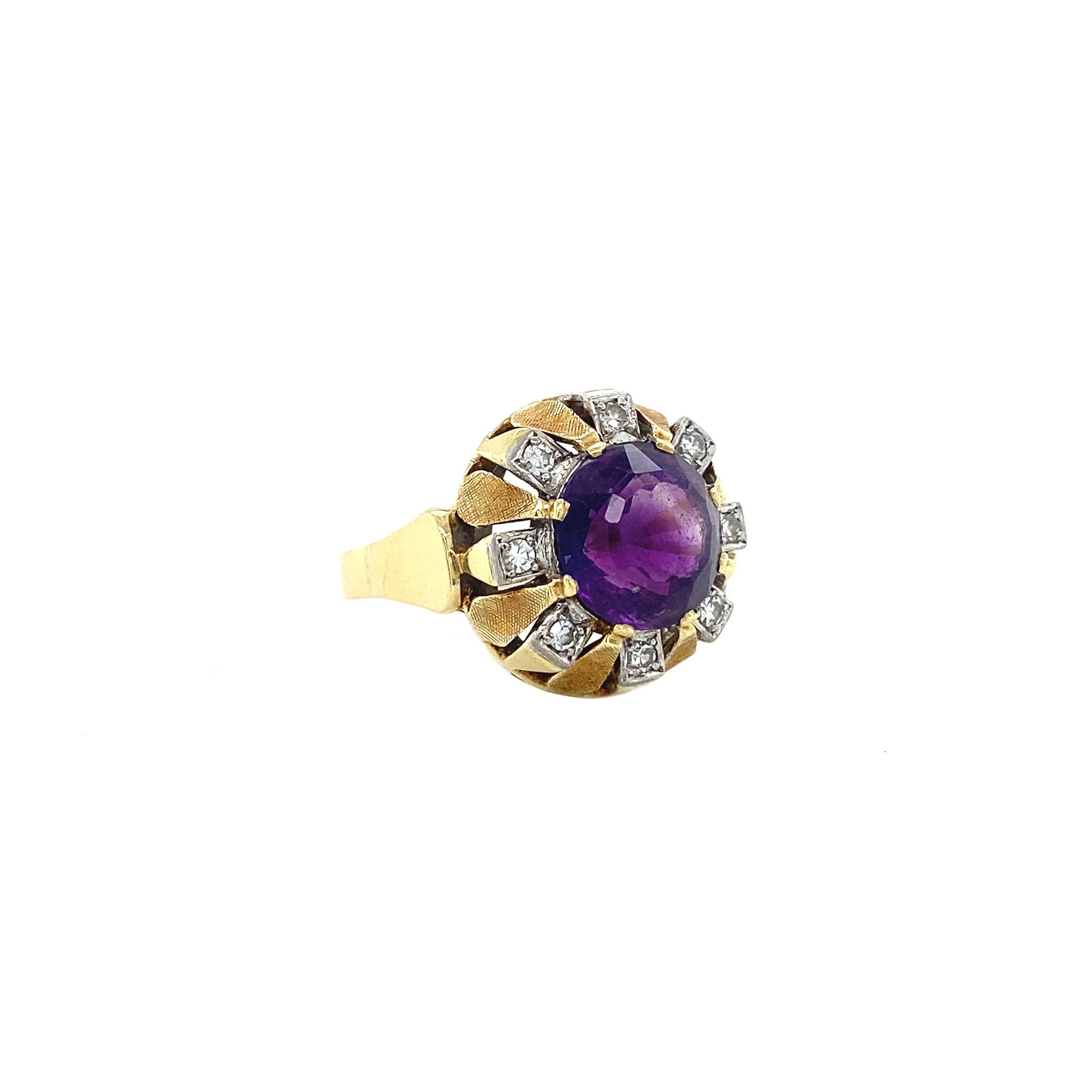 Gouden ring met amethist en diamant 14 krt