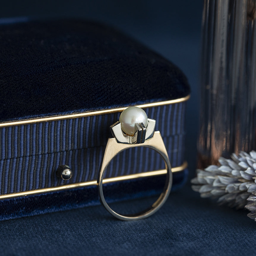 Bicolour vintage gold ring with pearl 14 kt