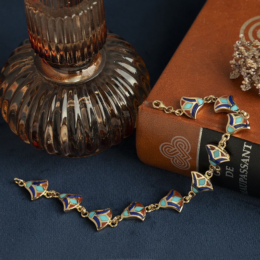 Vintage gold bracelet with turquoise, red coral and lapis lazuli, 18 kt