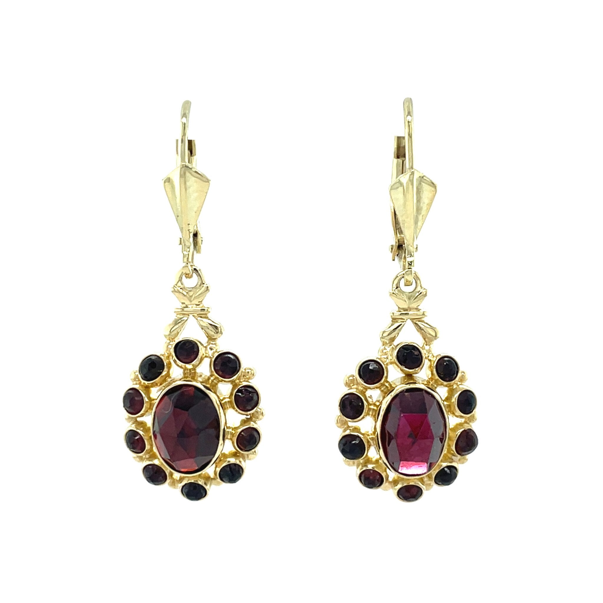Gouden vintage entourage oorhangers met granaat 14 kt