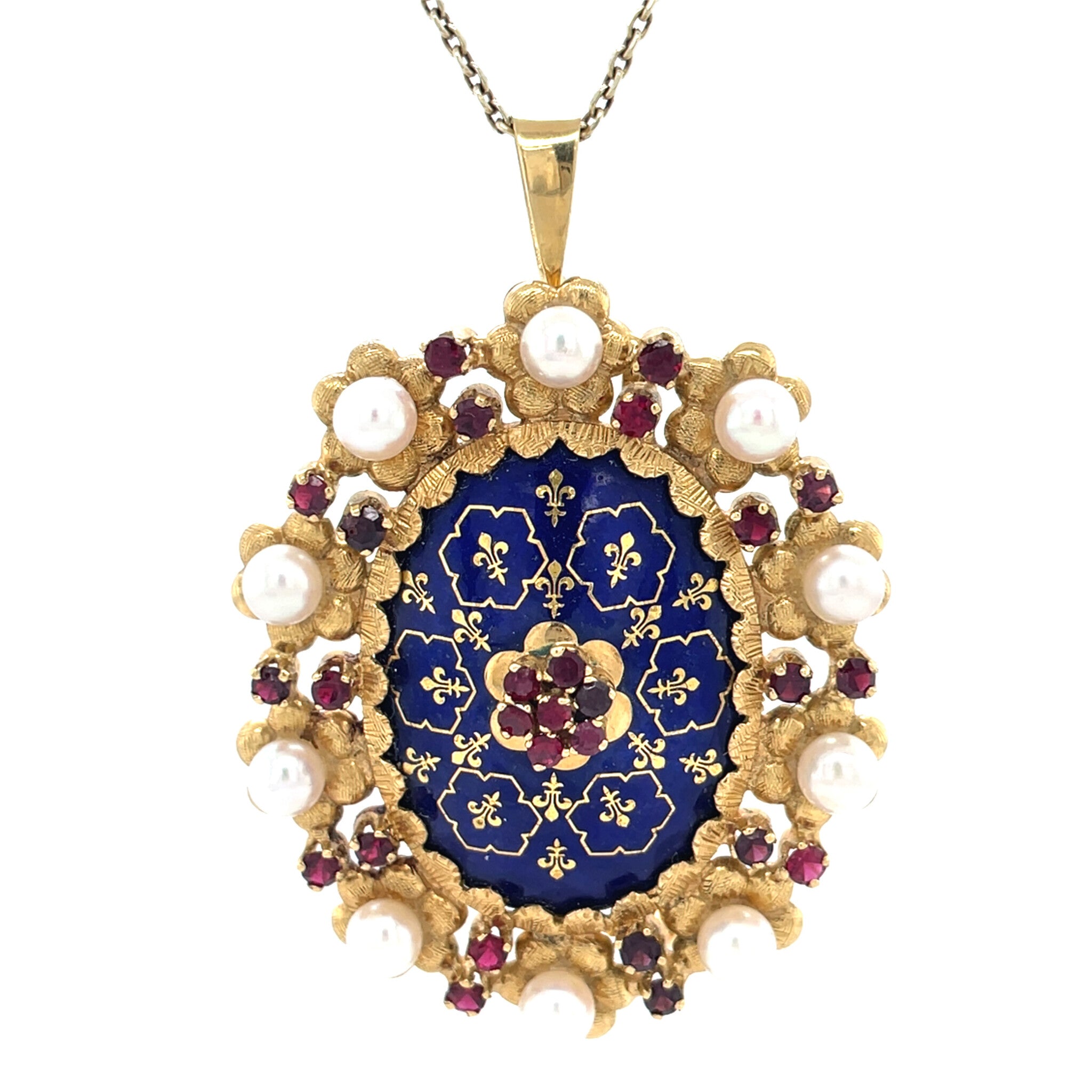 Gouden vintage entourage hanger met emaille, kleursteen en parel 18 kt