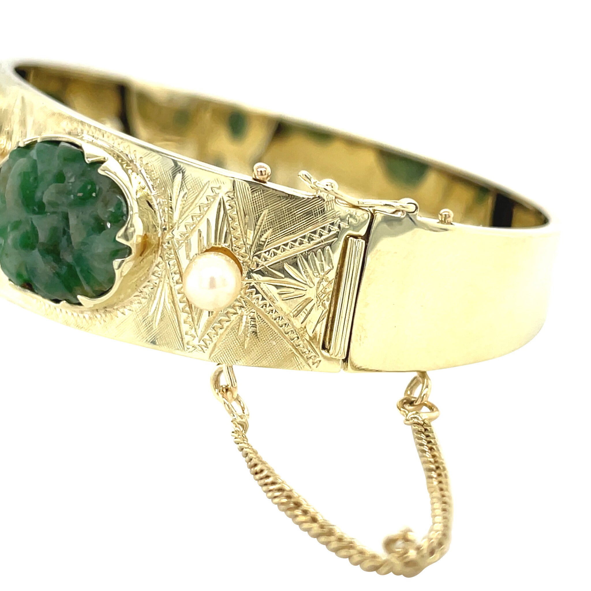 14 kt vintage gold bangle with jade and pearl