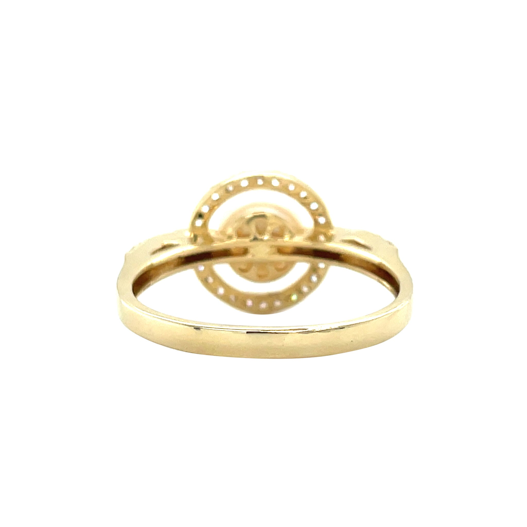 Vintage gold entourage ring with pearl and zirconia, 14 kt