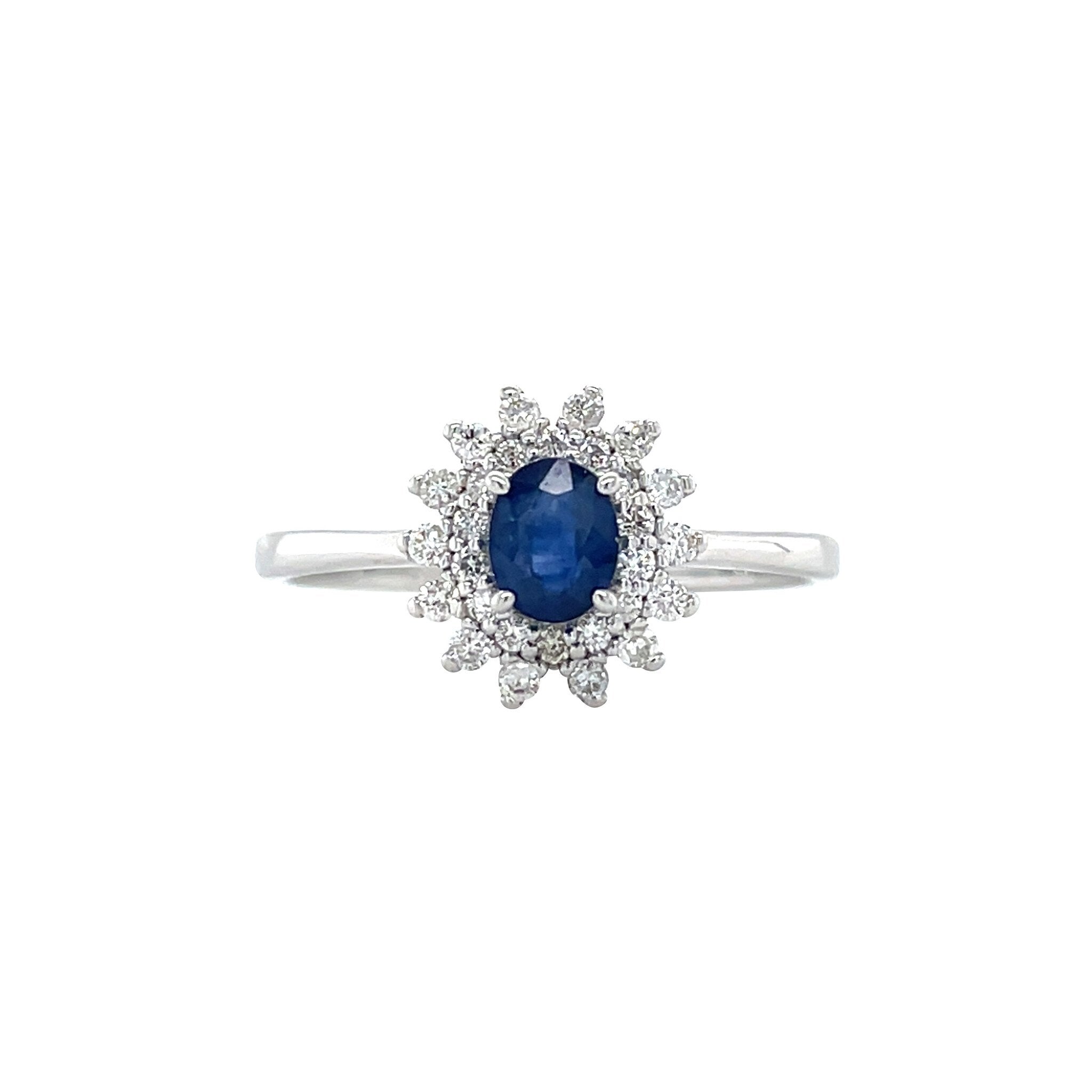 Vintage 14 kt white gold double halo ring with sapphire and diamond