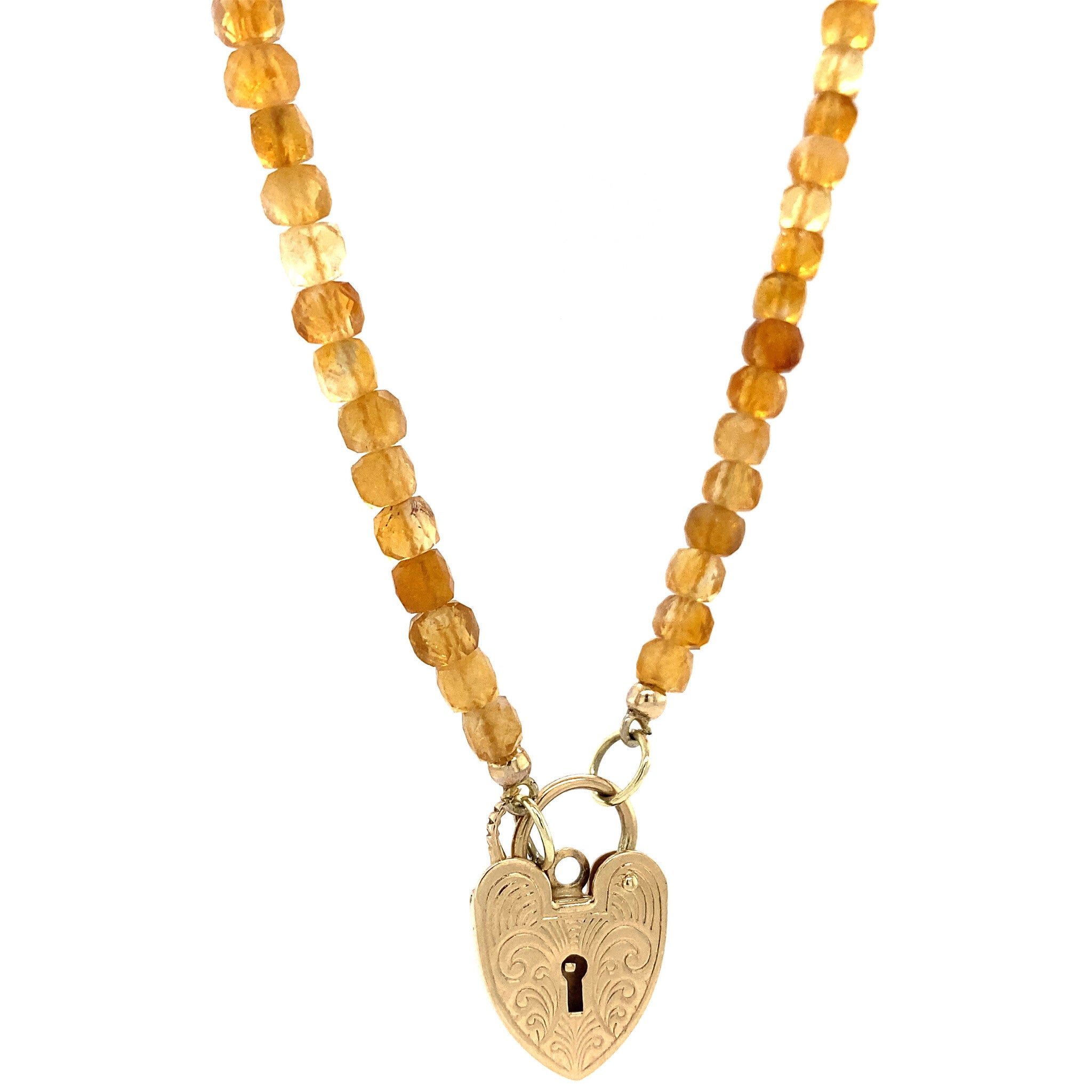 Citrine necklace with heart clasp 43 cm 9 krt