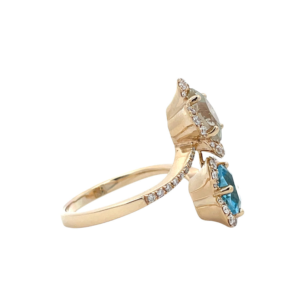 Vintage gold entourage ring with topaz and prasiolite, 14 kt