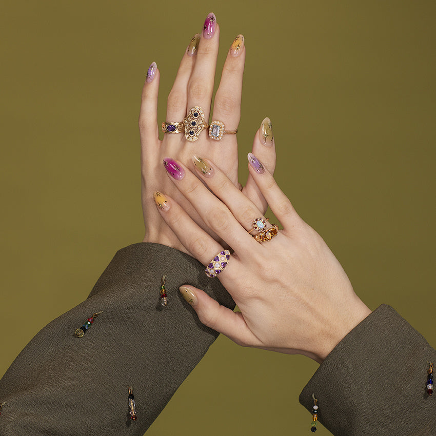 Gold ring with opal and garnet 14 kt