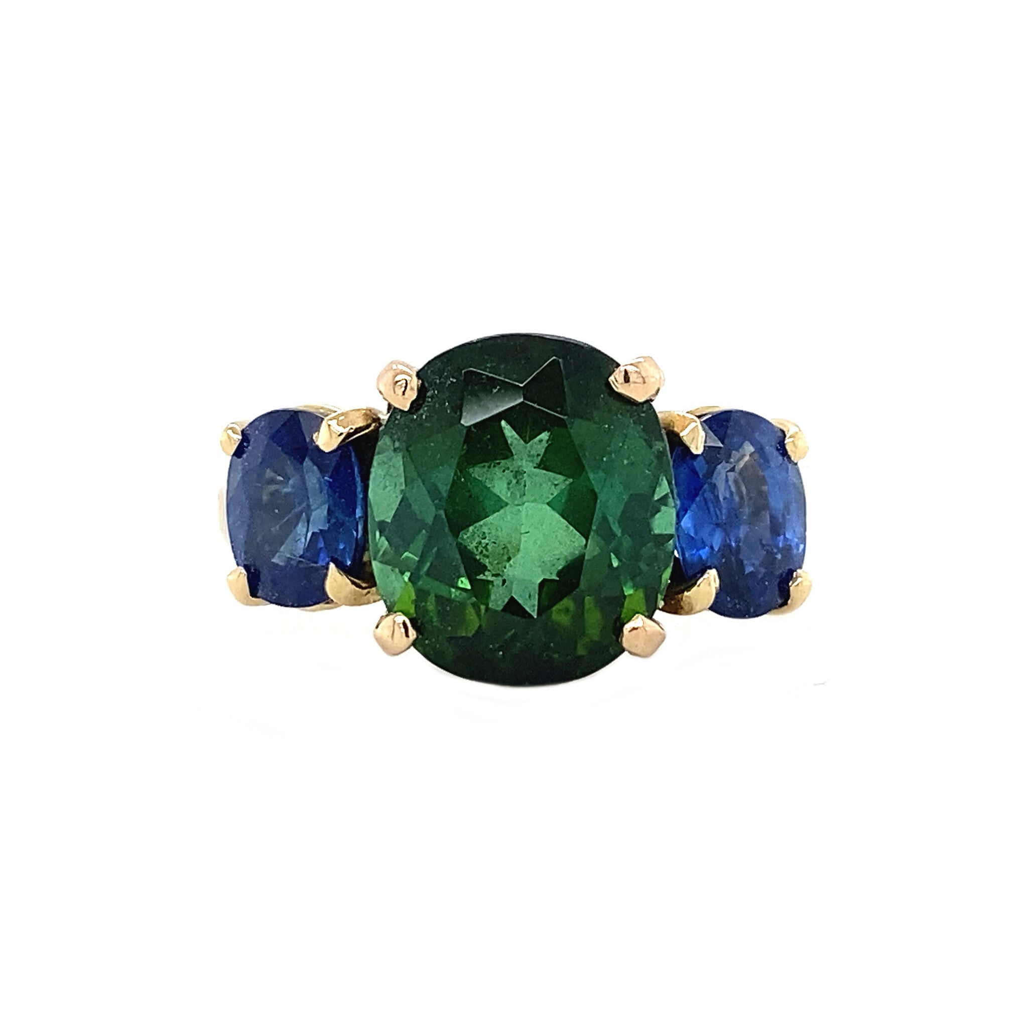 Gouden ring met toermalijn en saffier 14 krt