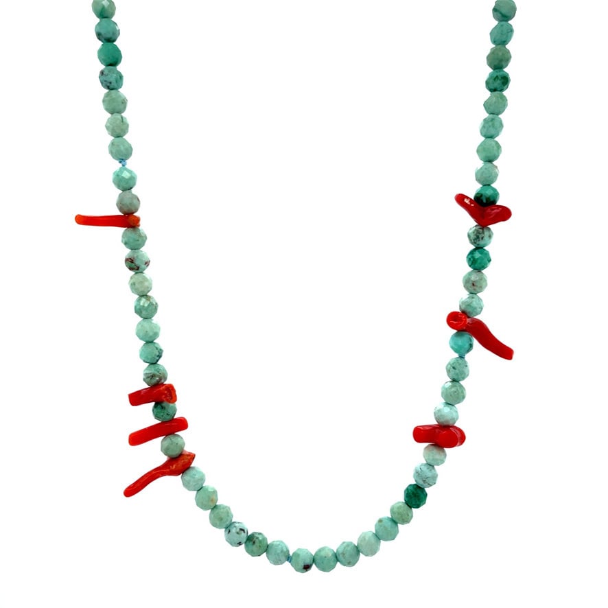 Turquoise necklace with red coral and 14 kt gold clasp