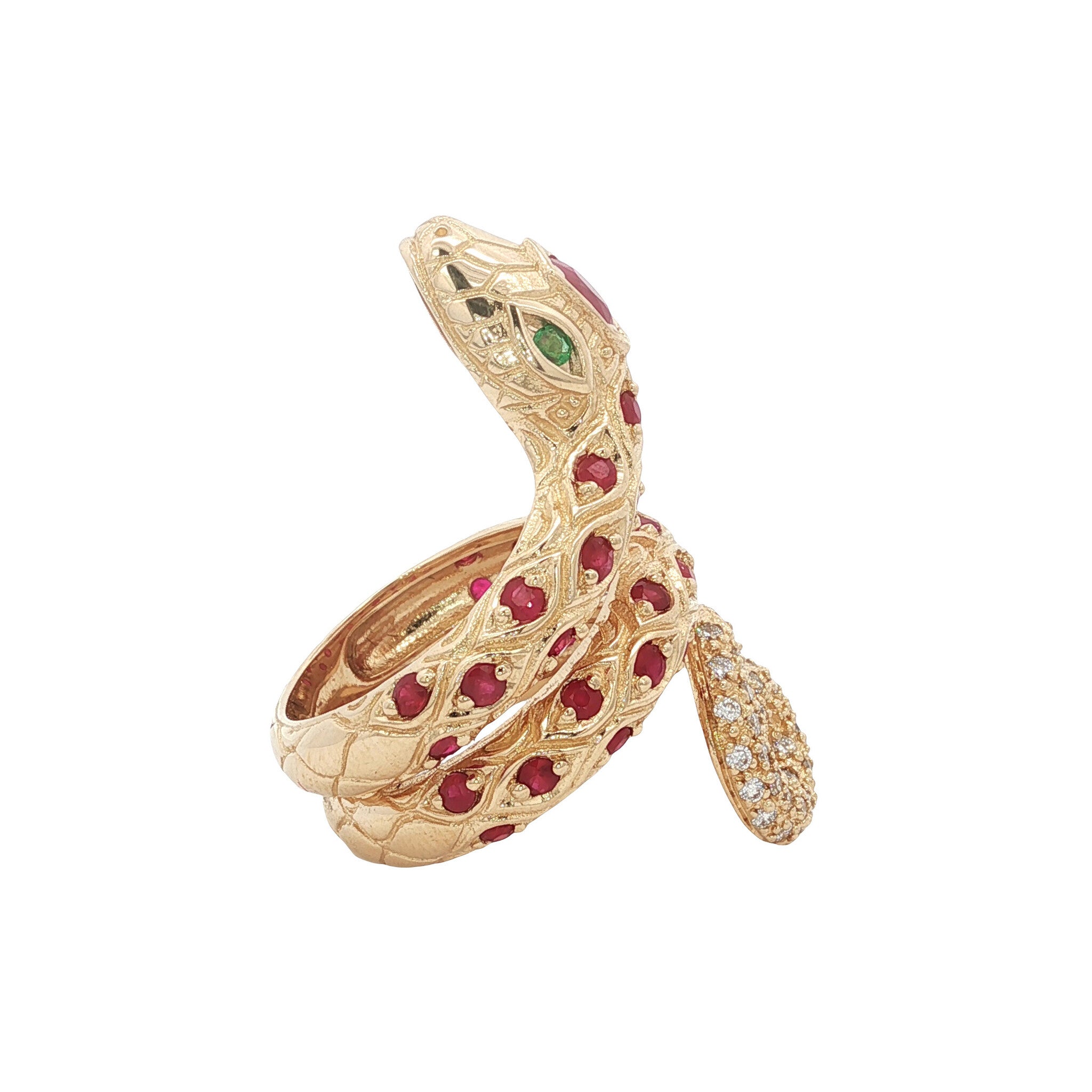 14 kt gold ring with emerald, ruby and diamond