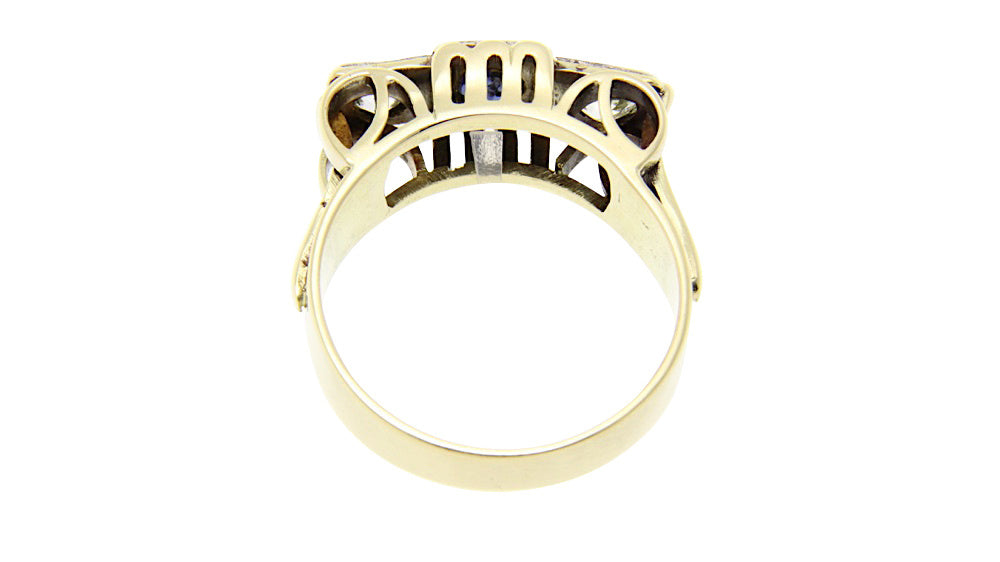 Gouden art deco ring met saffier en diamant 12 krt