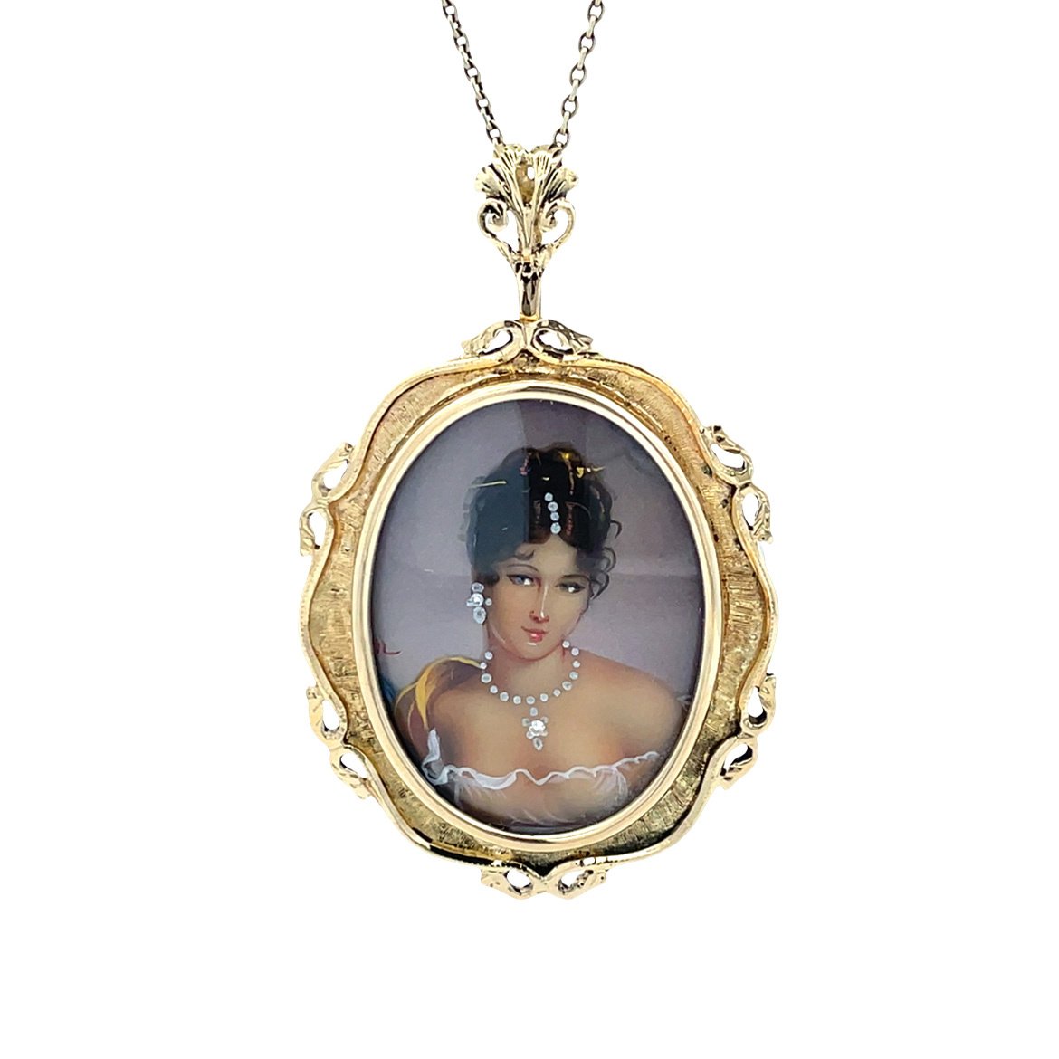 Gouden vintage hanger met miniatuur schilderkunst en zirkonia 14 kt