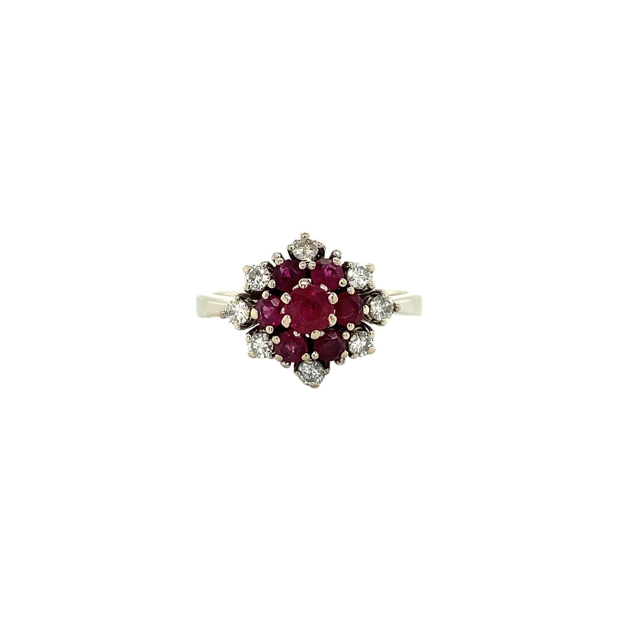 White gold ring with ruby and diamond 14 kt