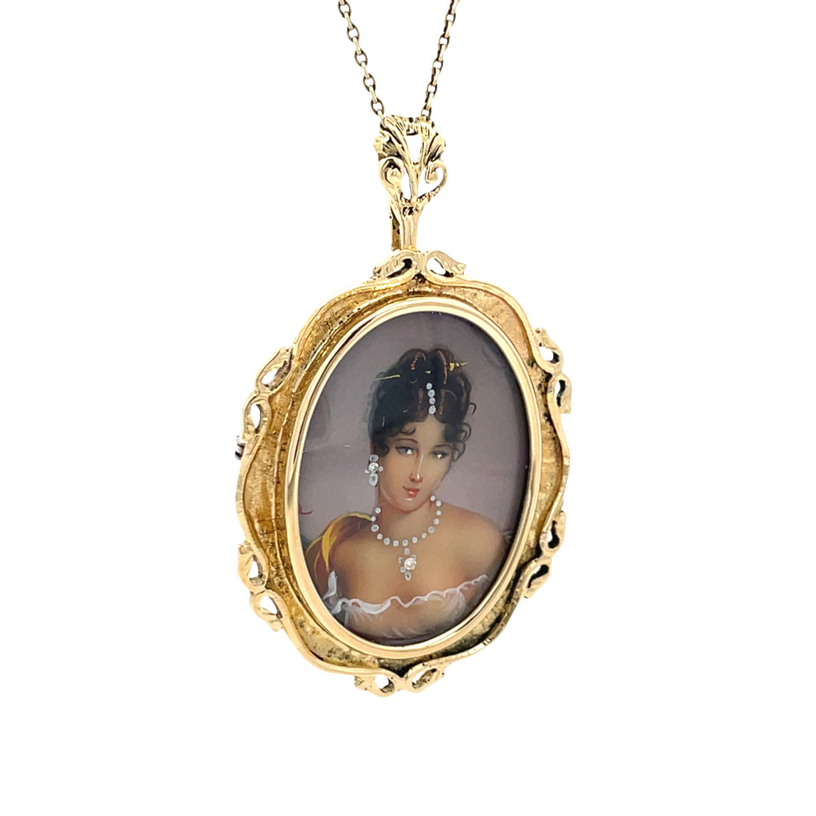 Gold vintage pendant with miniature painting and zirconia 14 kt