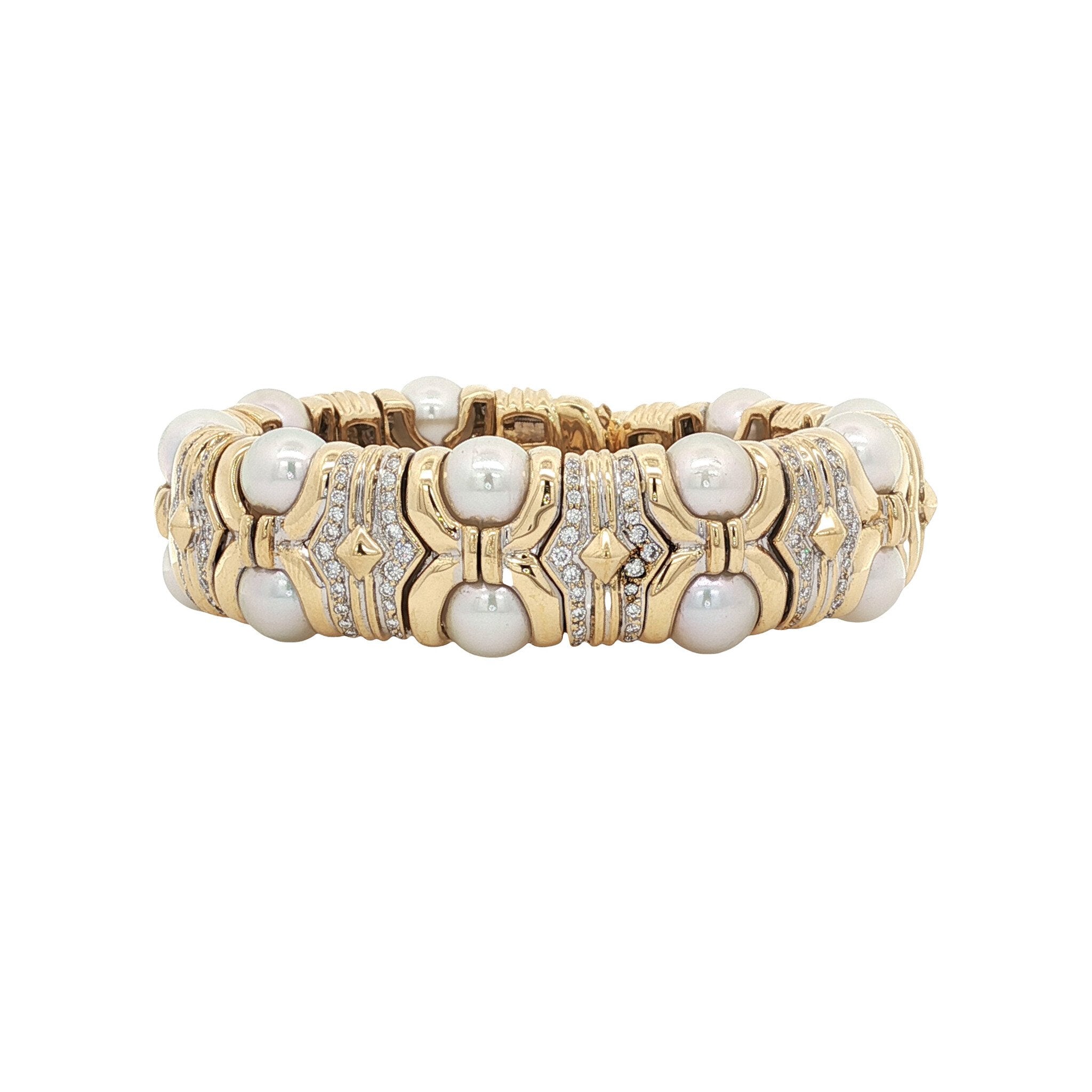 Geelgouden vintage bangle met parel en diamant 18 krt
