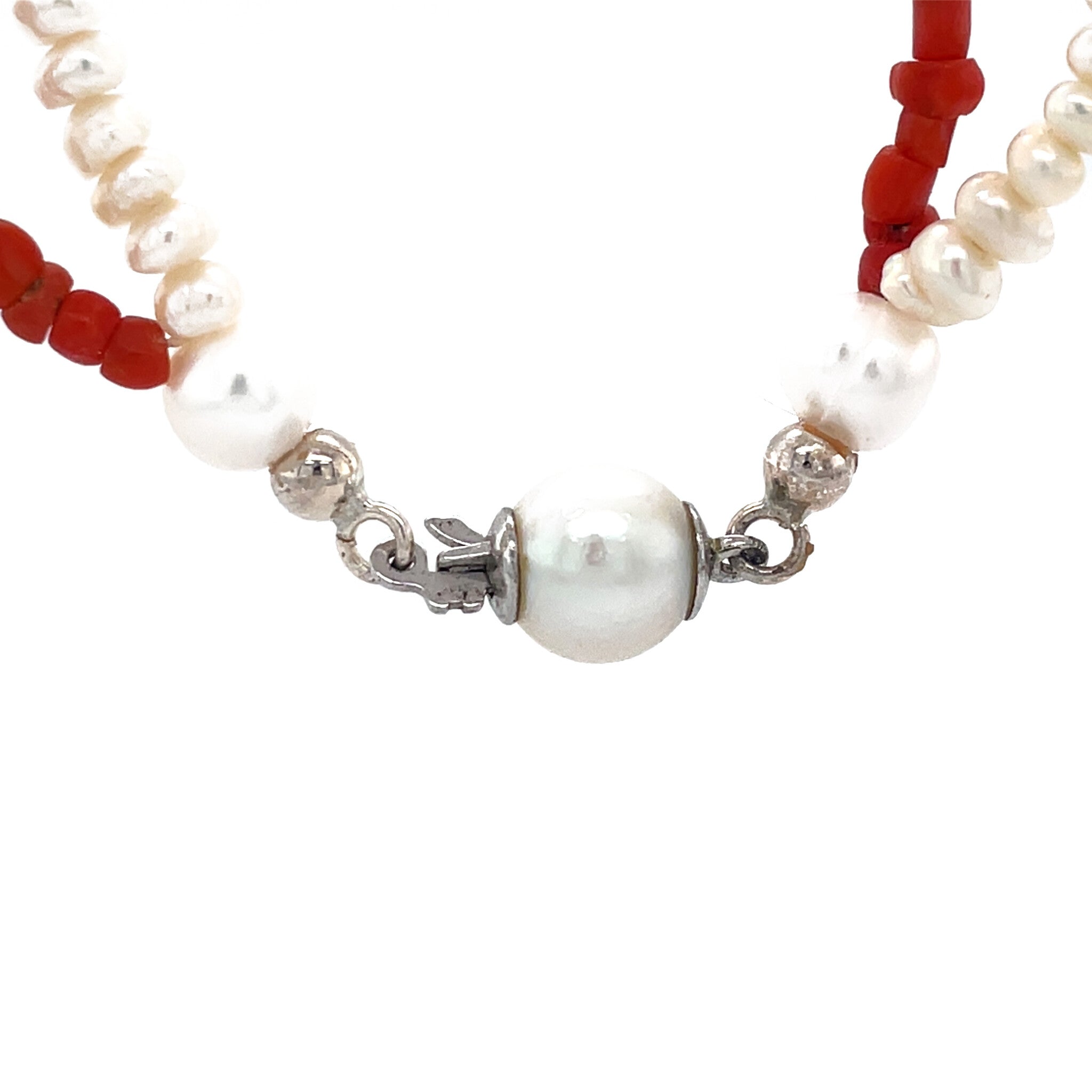 Vintage bloedkoraal en parel collier met zilveren sluiting 925