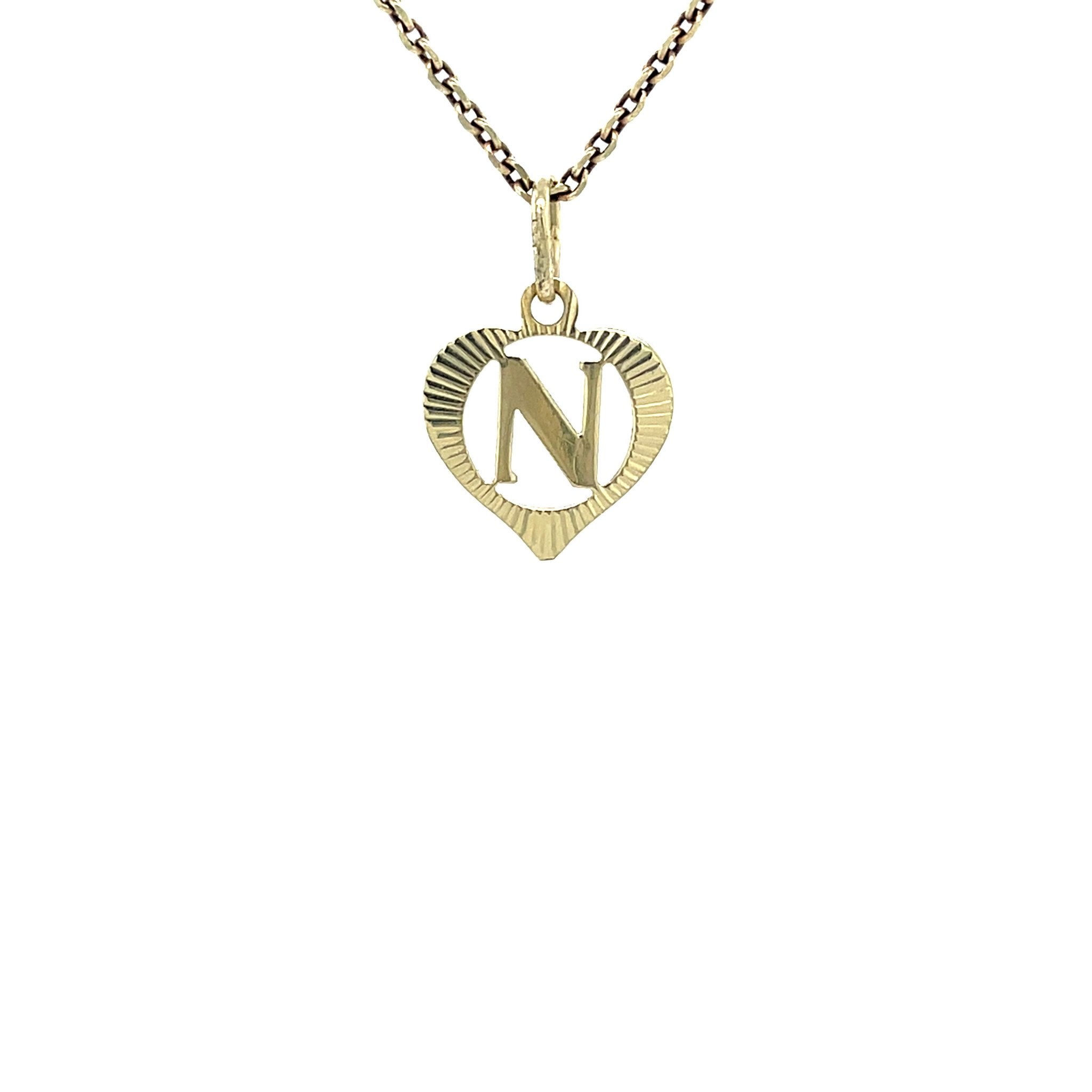 Vintage gold heart pendant with letter N, 14 kt