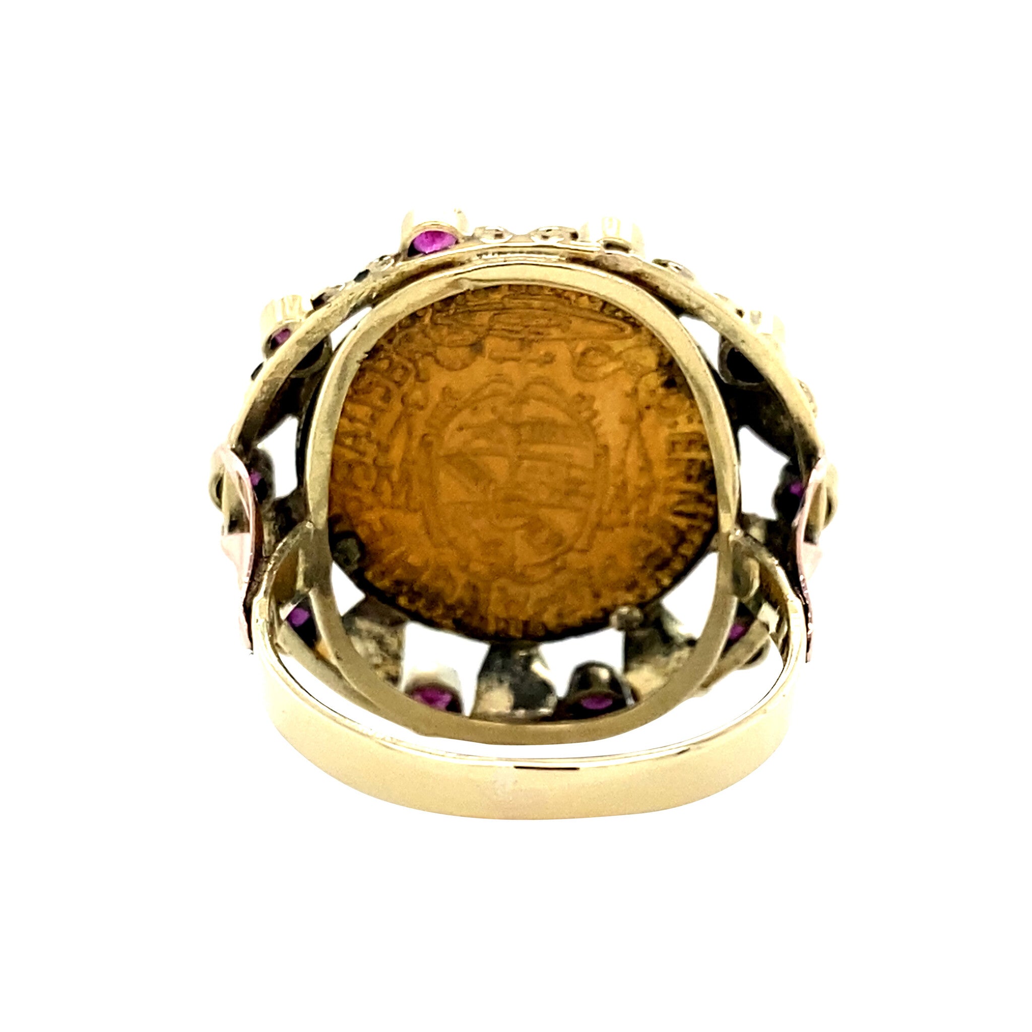 Gouden vintage munt ring met robijn 14 krt
