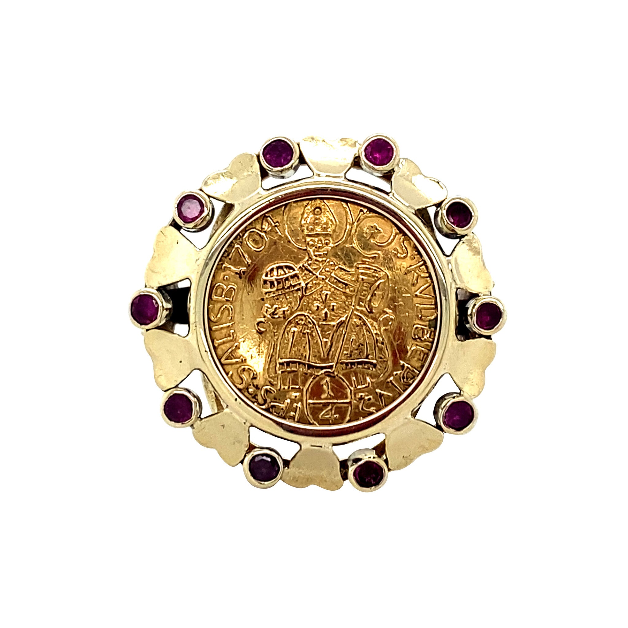 Gold vintage coin ring with ruby, 14 kt