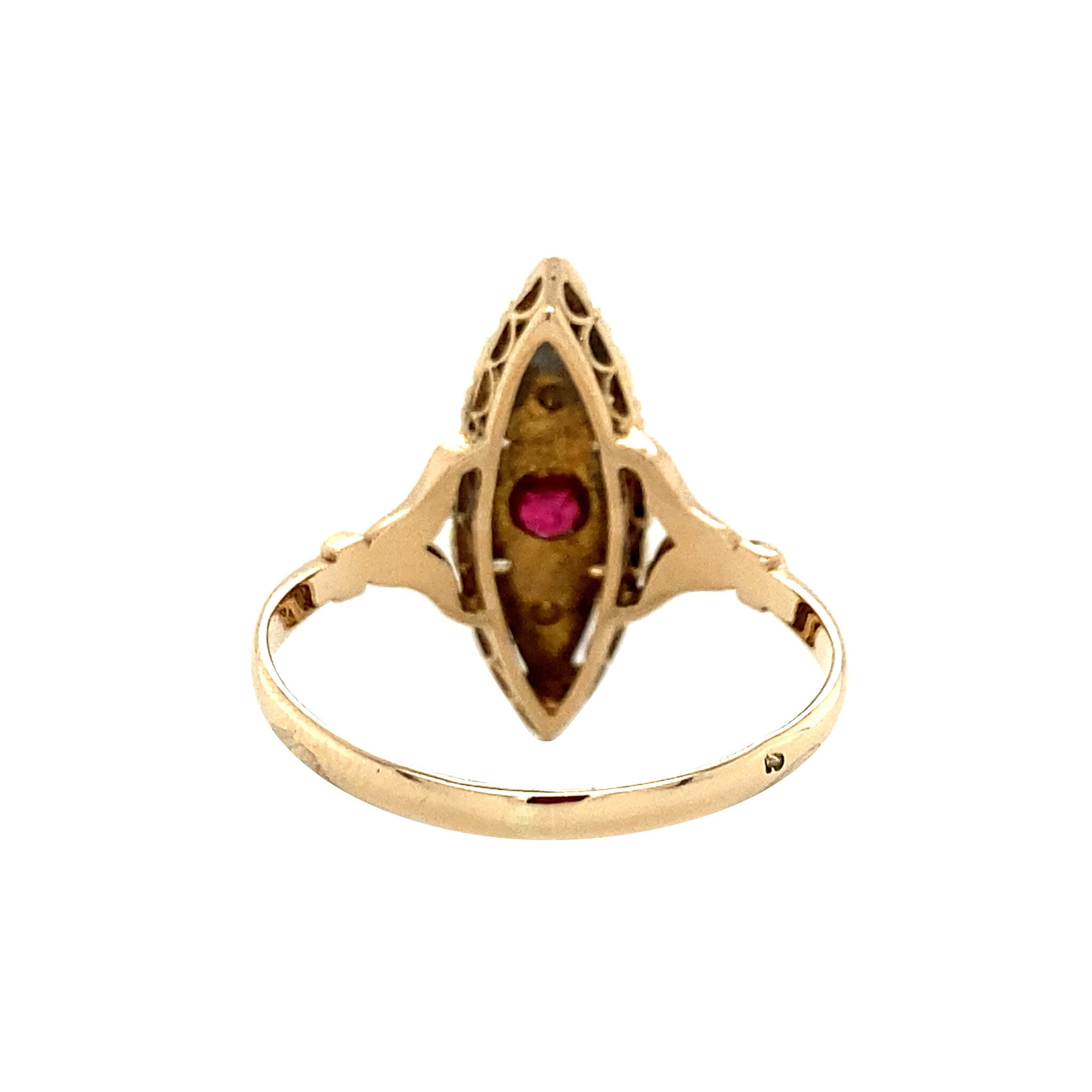 Gold ring with pearl and ruby 14 krt