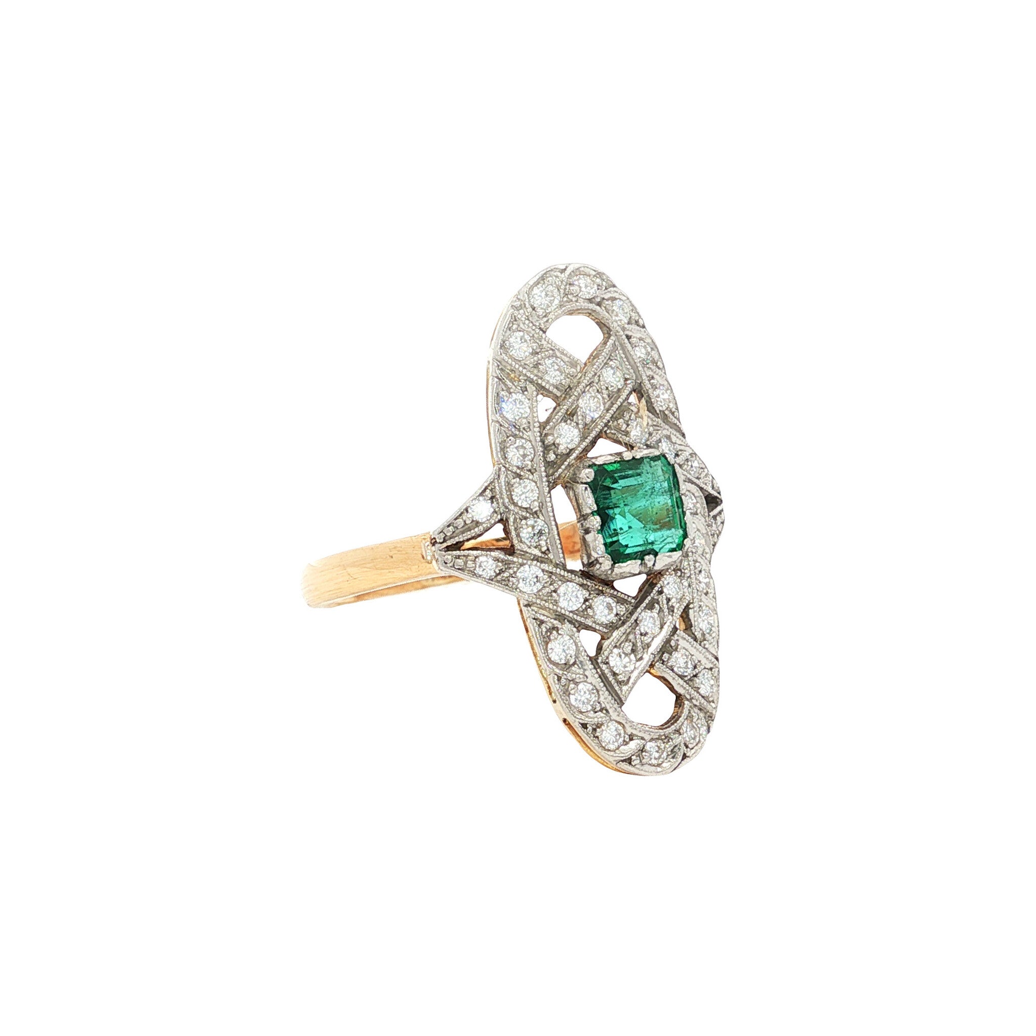 Gouden vintage ring met smaragd en diamant 18 kt/950