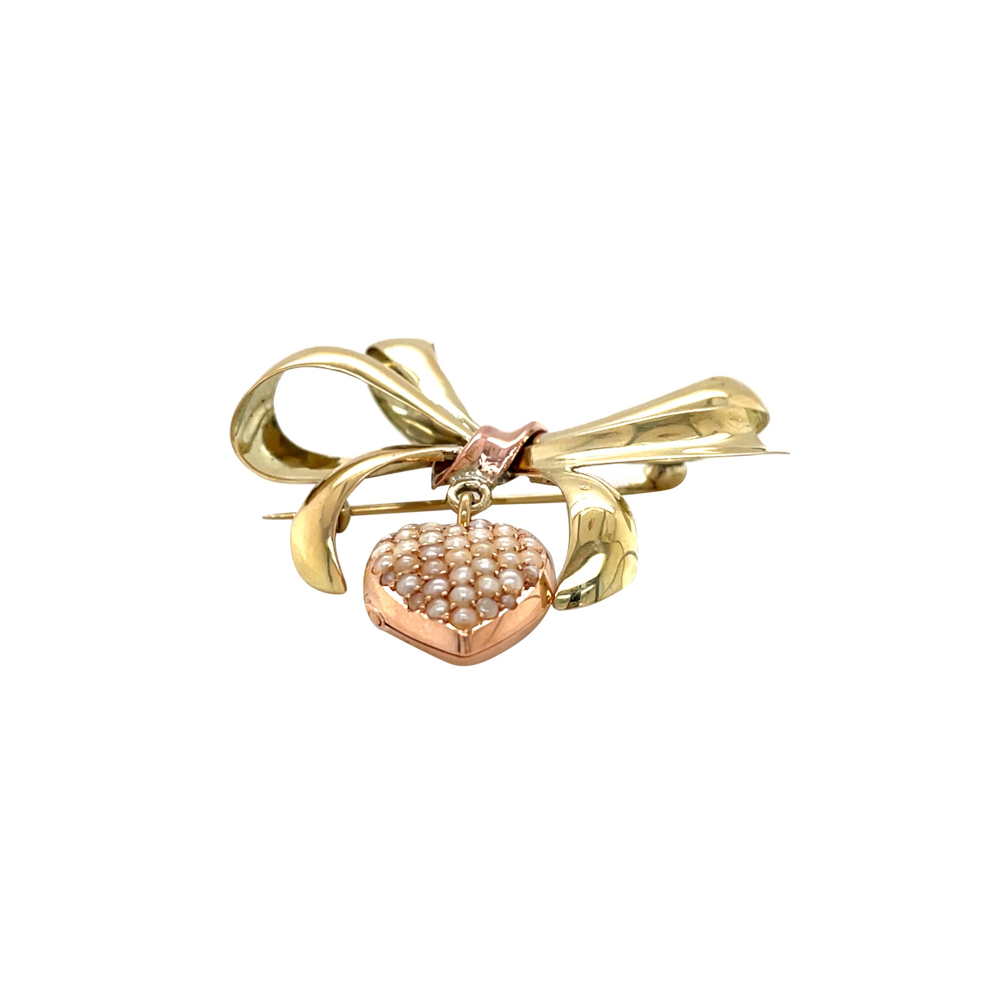 Gouden vintage strik broche met parels 14 krt