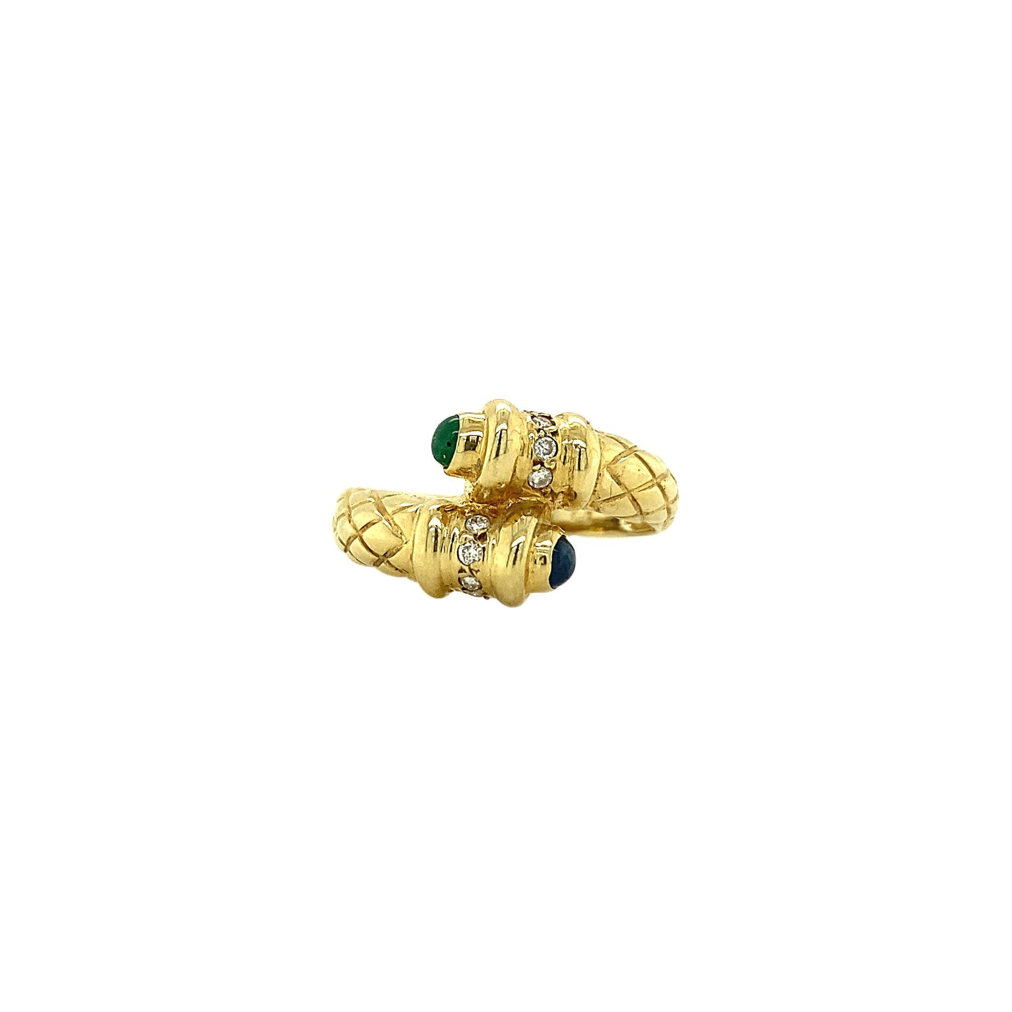 14 kt gold ring with emerald, sapphire and diamond