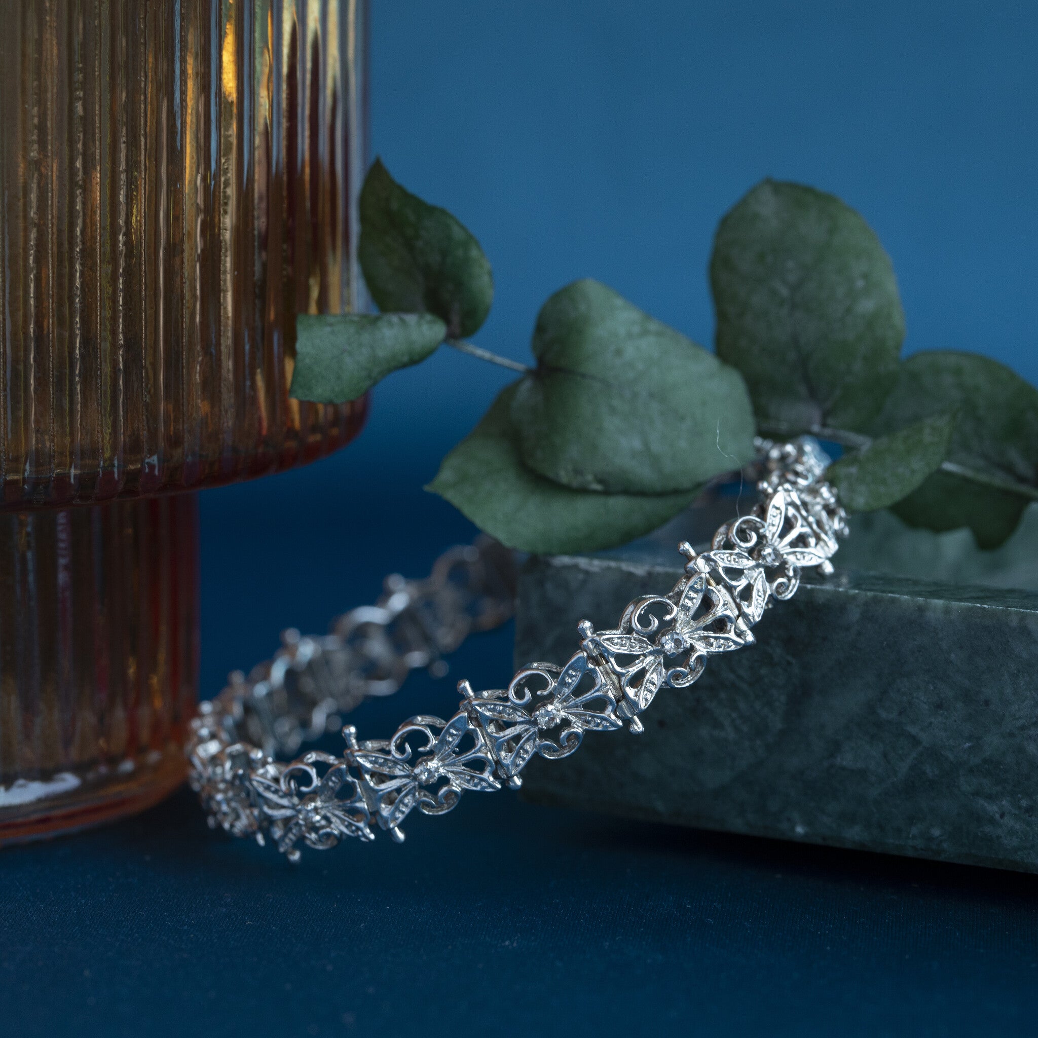 Witgouden vintage armband met diamant 18 cm 18 krt