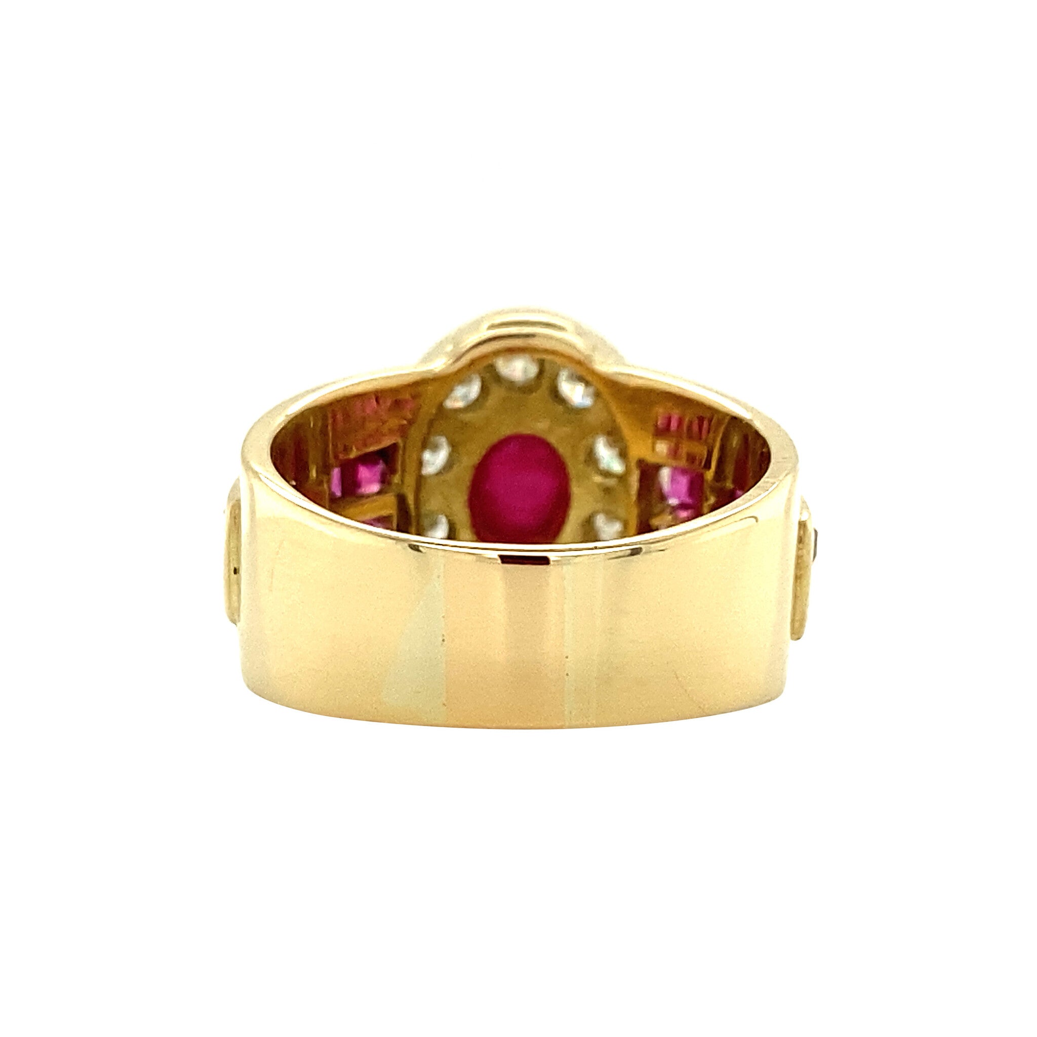 Gold vintage entourage ring with ruby and diamond 14 kt