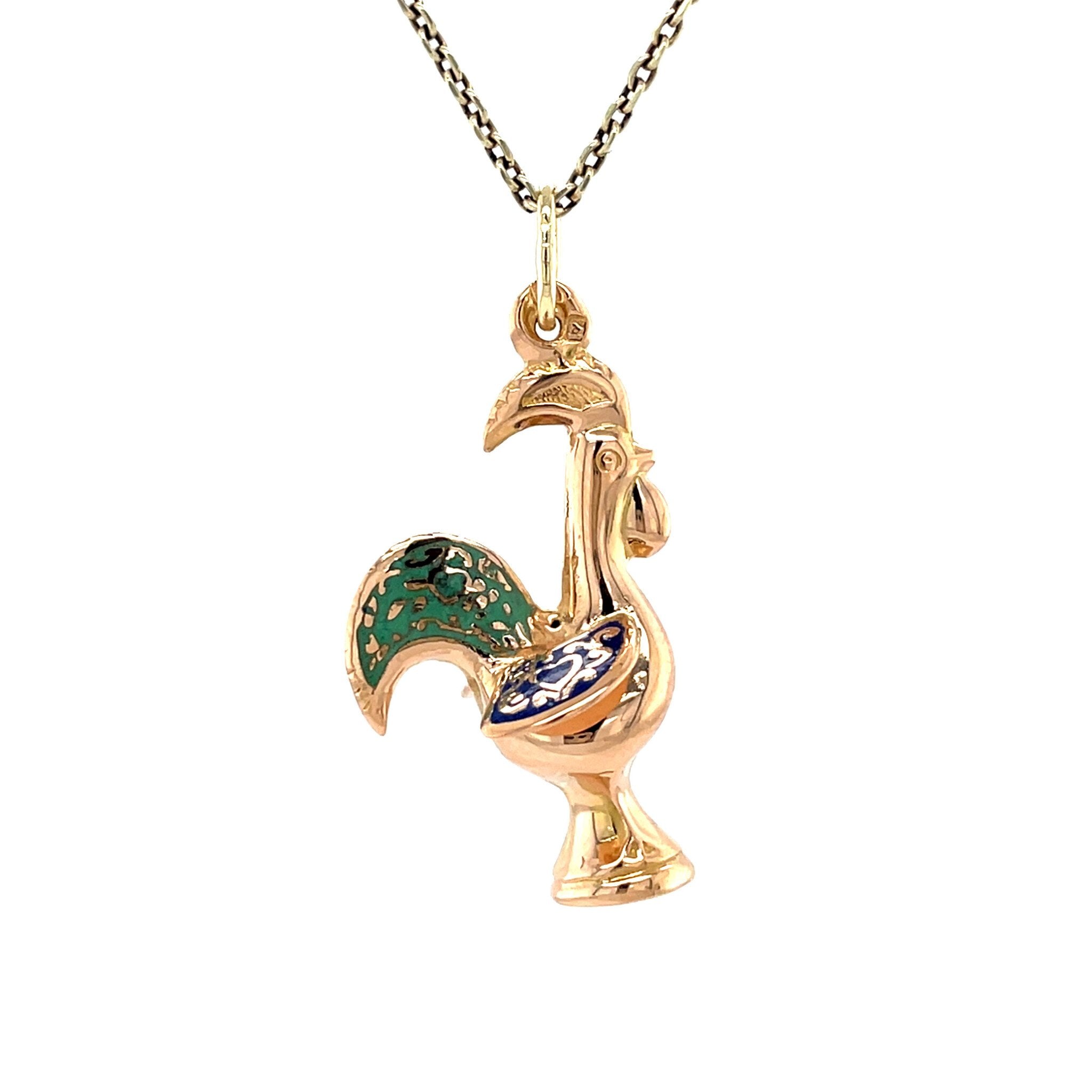 Vintage rose-gold rooster pendant with enamel, 14 kt