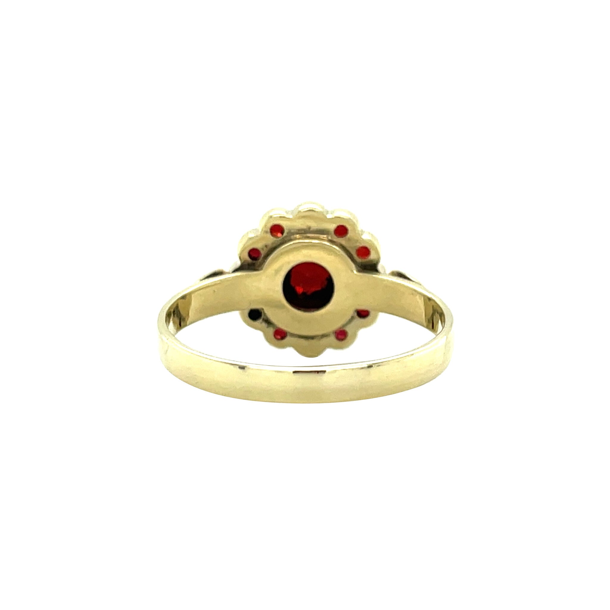 Vintage gold entourage ring with glass garnet, 14 kt