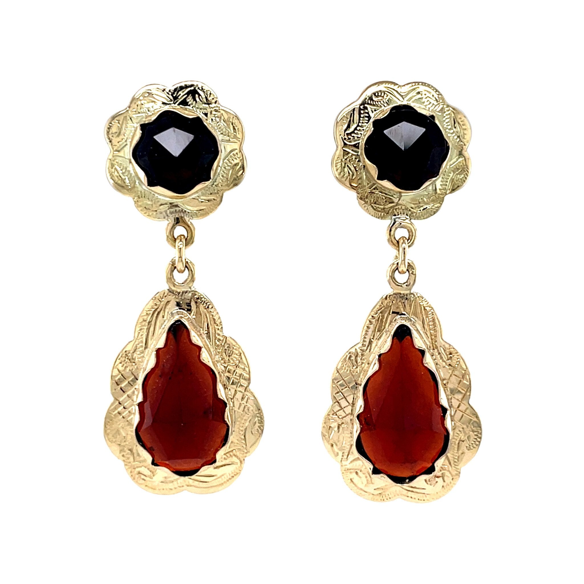 Vintage gold drop earrings with garnet, 14 kt