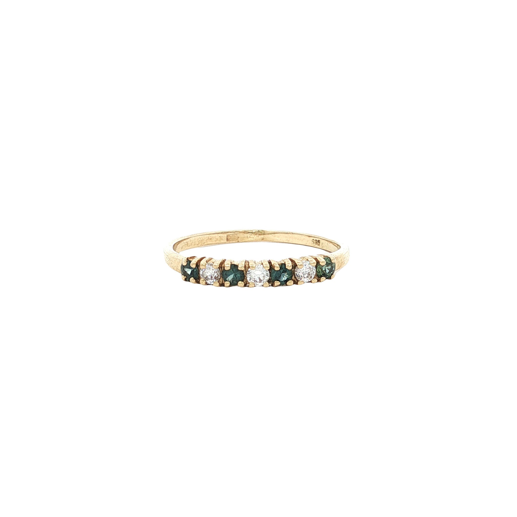 Vintage 14 kt gold row ring with sapphire and zirconia