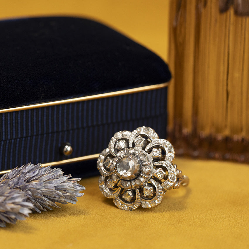 Gouden vintage entourage ring met roosdiamant 14 krt/925