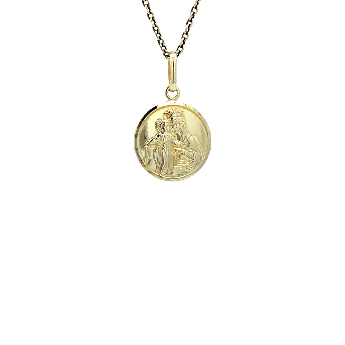 Gold vintage coin pendant with Jesus, Joseph and Mary 14 kt