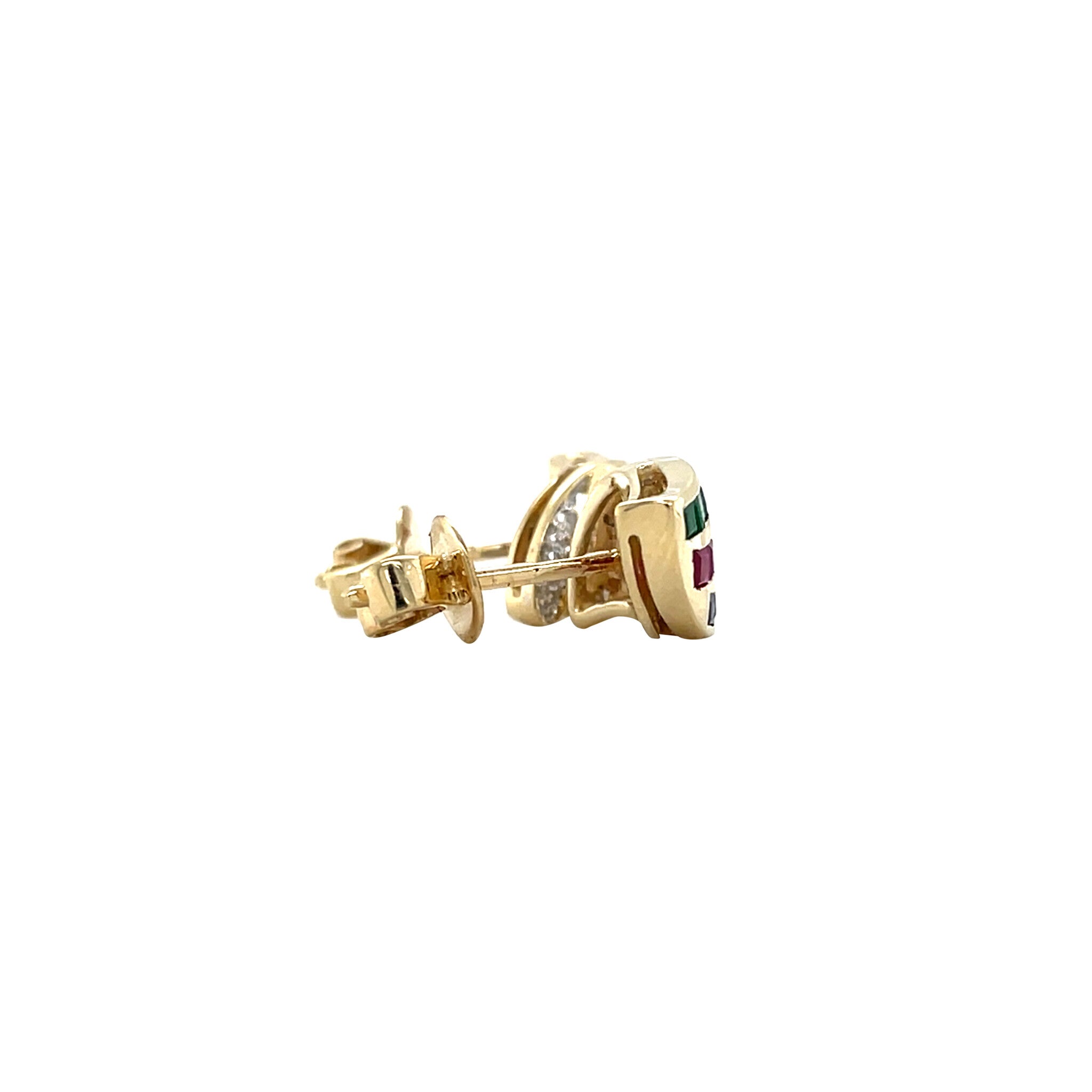 Gouden vintage oorstekers met robijn, smaragd, saffier en diamant 14 krt