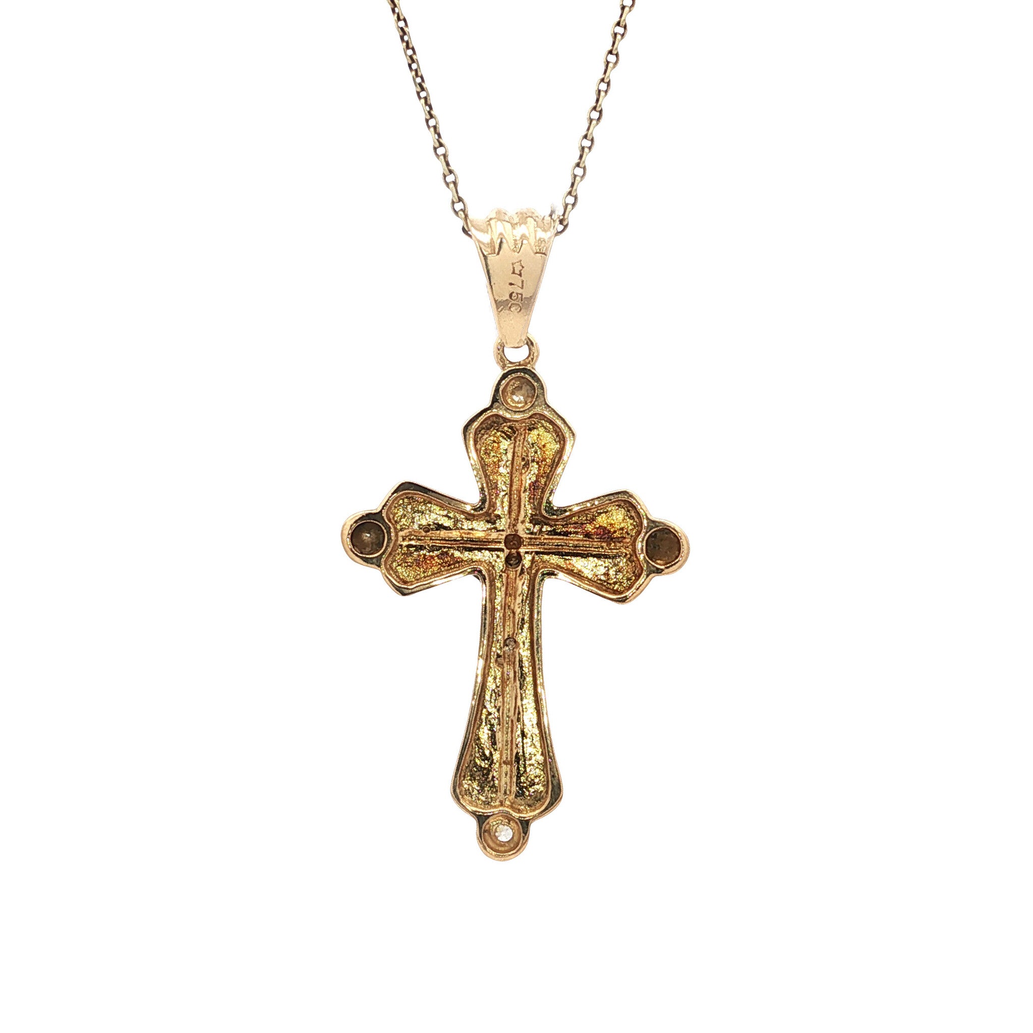 Gouden vintage kruis hanger met emaille en zirkonia 18 kt