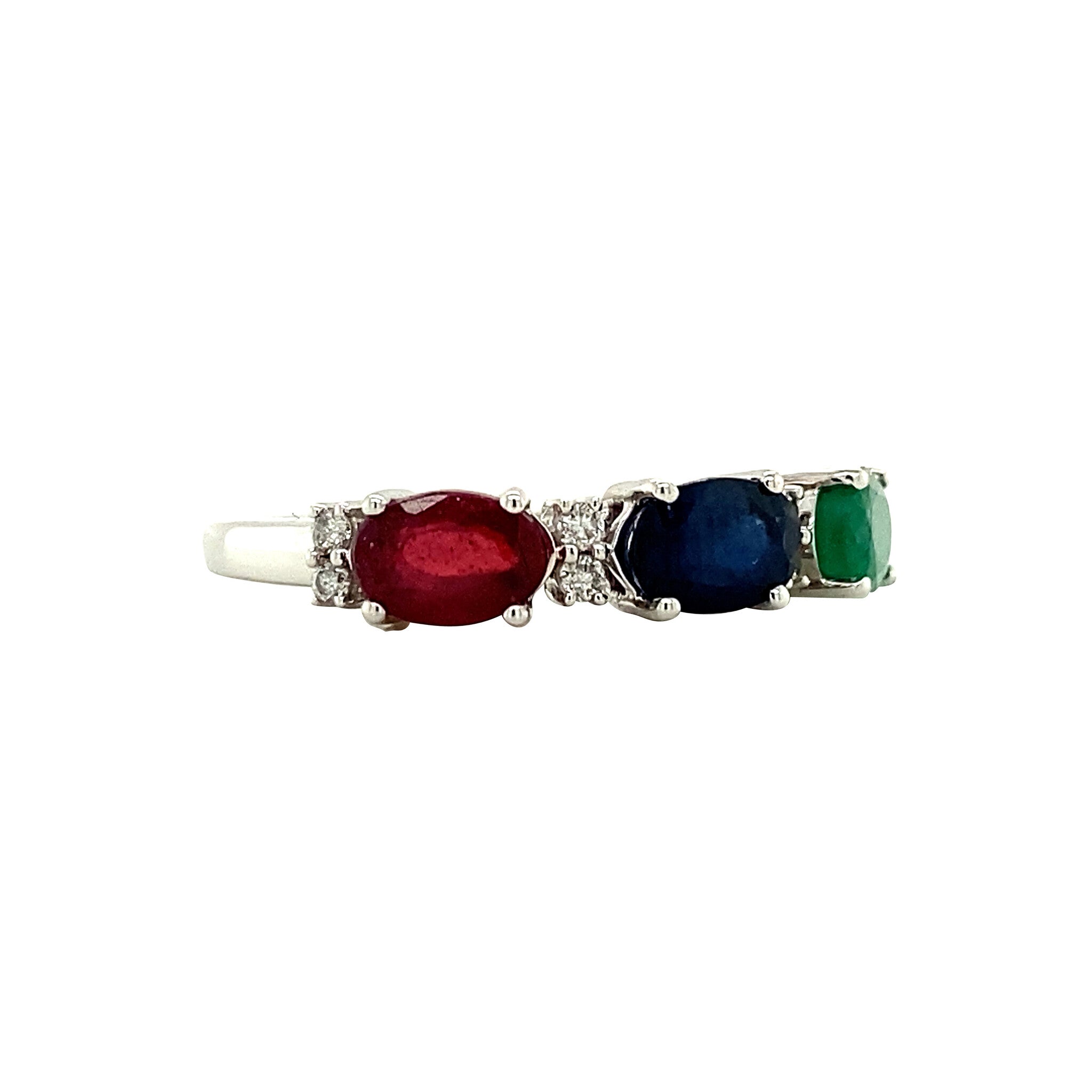White gold ring with emerald, sapphire, ruby ​​and diamond 14 kt